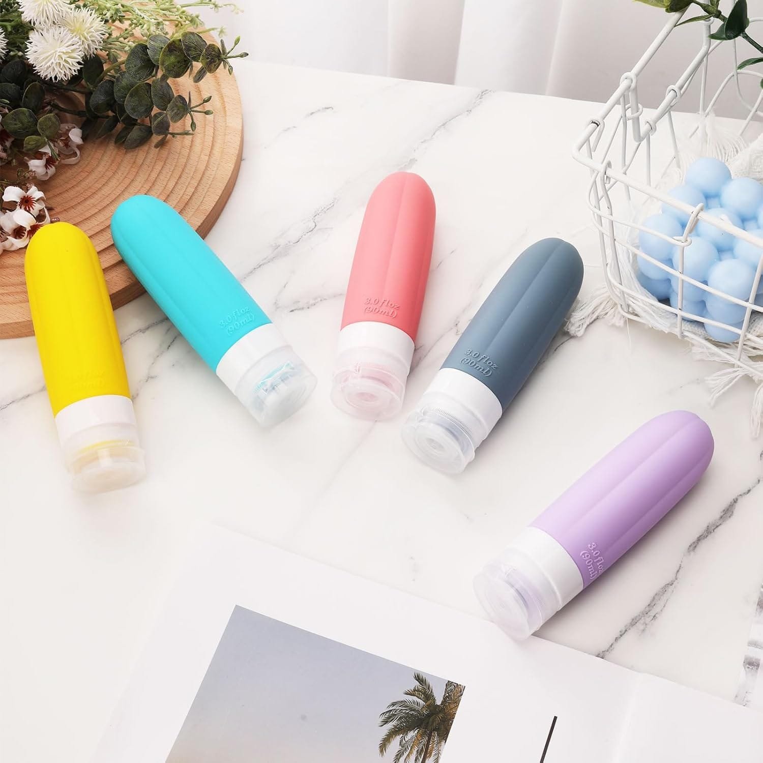 5 botellas de viaje para artículos de tocador con bolsa de aseo transparente con cremallera, botellas de silicona a prueba de fugas, relleno de champú acondicionador, loción, artículos esenciales de - Imagen 2