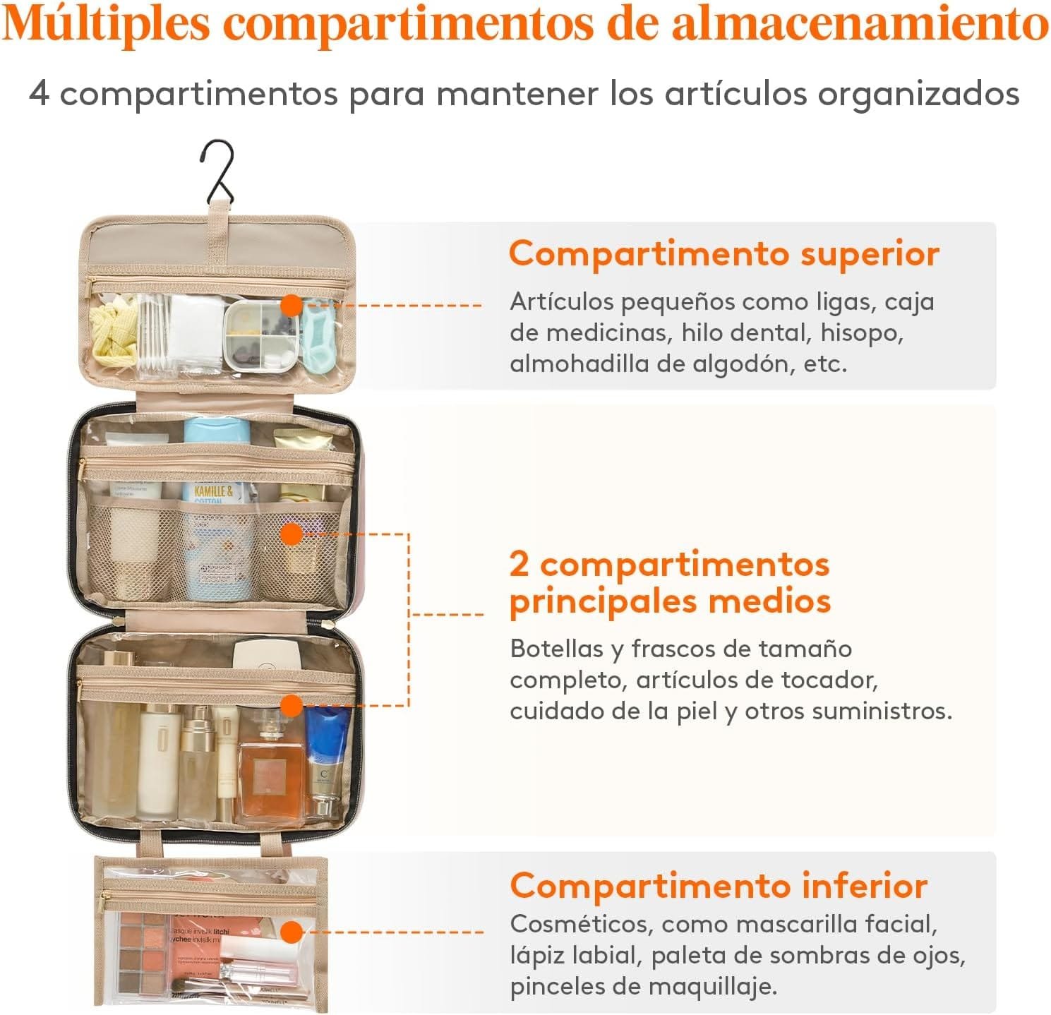 Lifewit Neceser de Viaje, Bolso de Maquillaje Grande, Organizador de Viaje para Mujer con Asas, Neceser de Viaje Interior Transparente con Gancho, Guarda Frascos, Accesorios, Mediano, Rosa - Imagen 4