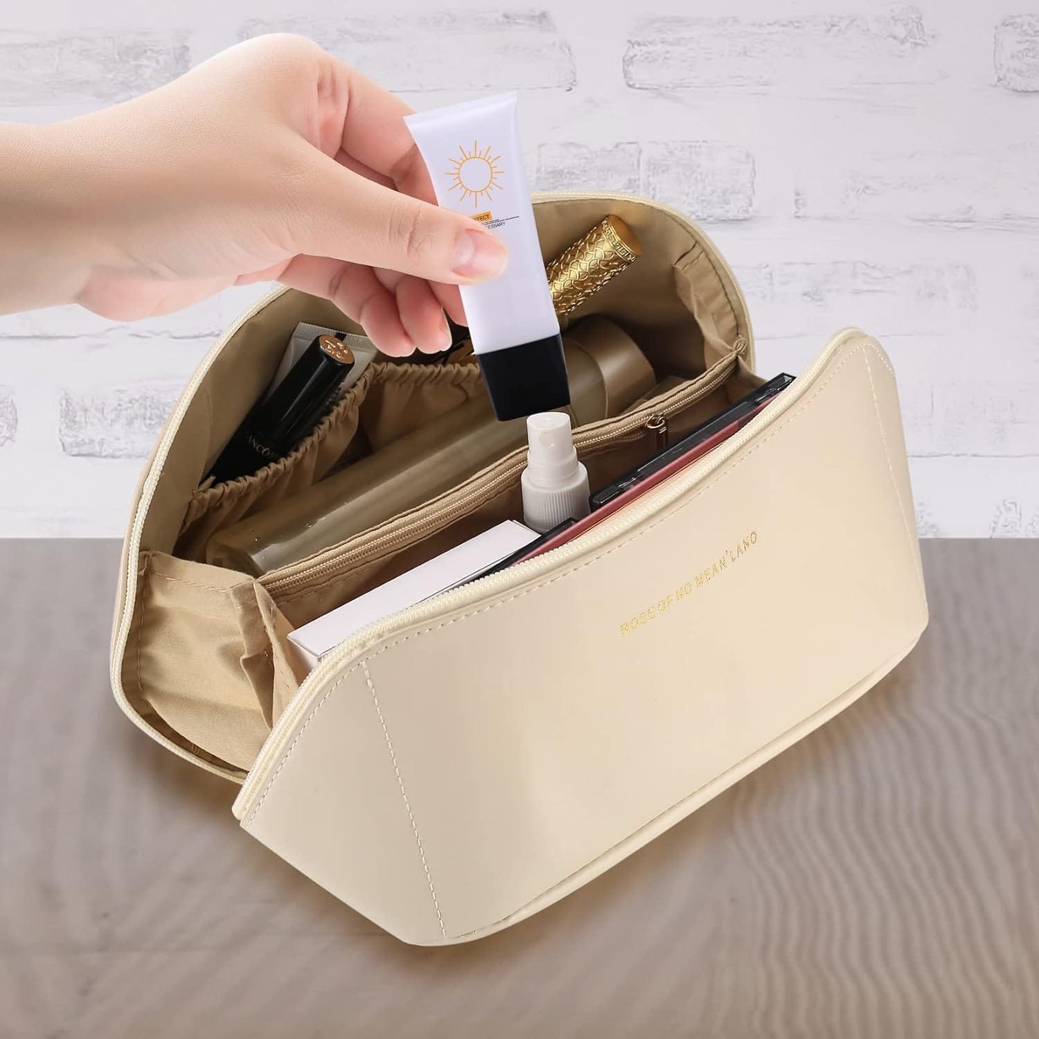 Bolsa de Maquillaje de Viaje, Bolsa de cosméticos de Cuero portátil Impermeable con Gran Capacidad, Mango y Cremallera para artículos de tocador, Maquillaje - Blanco - Imagen 4