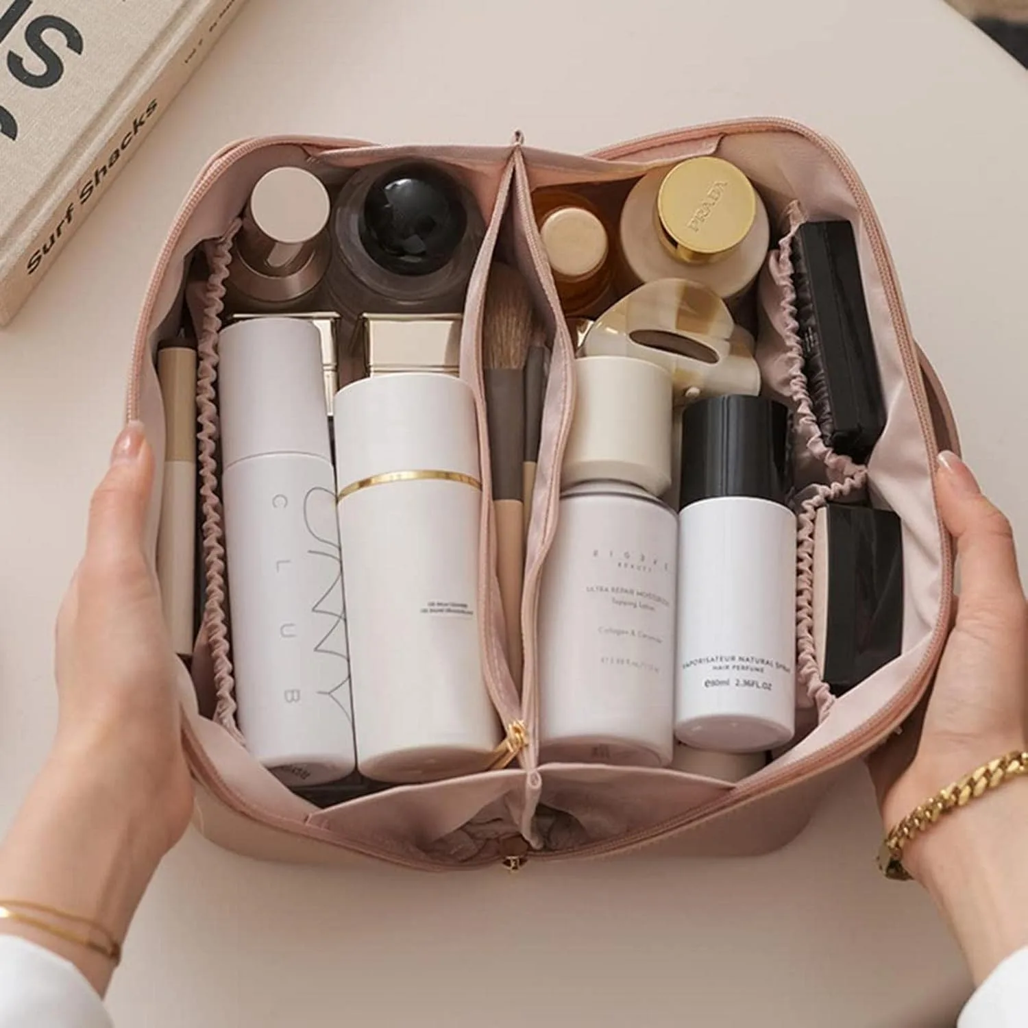 Ocobetom Bolsa cosmética de Viaje de Gran Capacidad, Bolsa portátil de Maquillaje de Viaje, Bolsa de Aseo de Cuero para artículos de tocador cosméticos de Cuidado de la Piel - Imagen 2