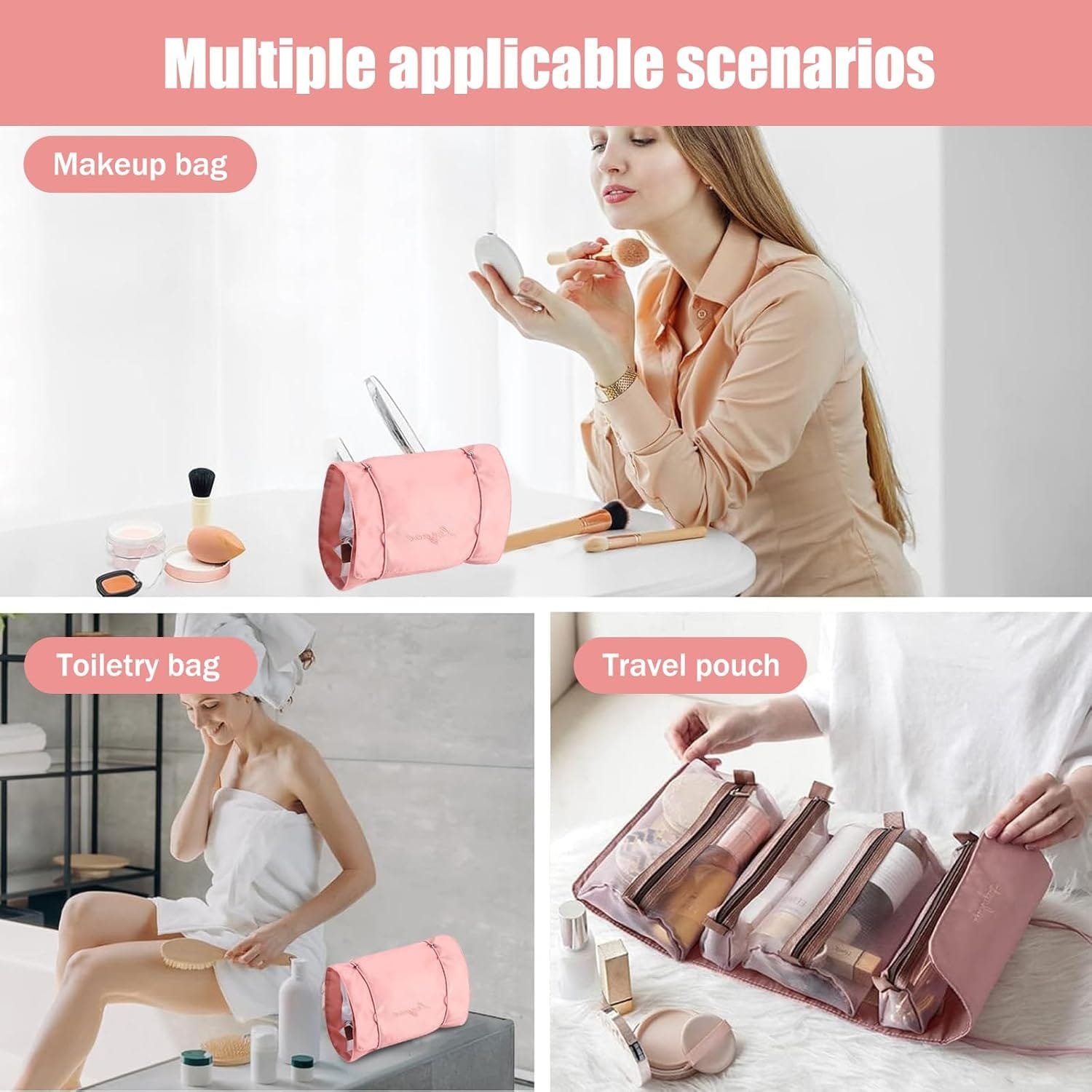 RTRTGS 1pc 4 en 1 Neceser Viaje Colgante,Desmontables Enrollables Bolsa Impermeable con 4 Compartimentos Visibles con Cremallera Poner Cosméticos,Artículos Tocador,Mujer Viaje Cosas Necesarias - Imagen 7