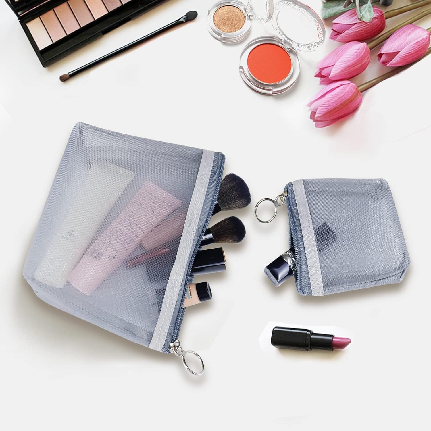 Aosbos 3 Piezas Neceser Mujer de Malla, Neceser Maquillaje Transparente para Viaje, Malla Bolsa de Aseo para Hombre, Bolsa de Artículos de Tocador, Bolsa de Cosméticos con Cremallera para Playa, Gris - Imagen 5