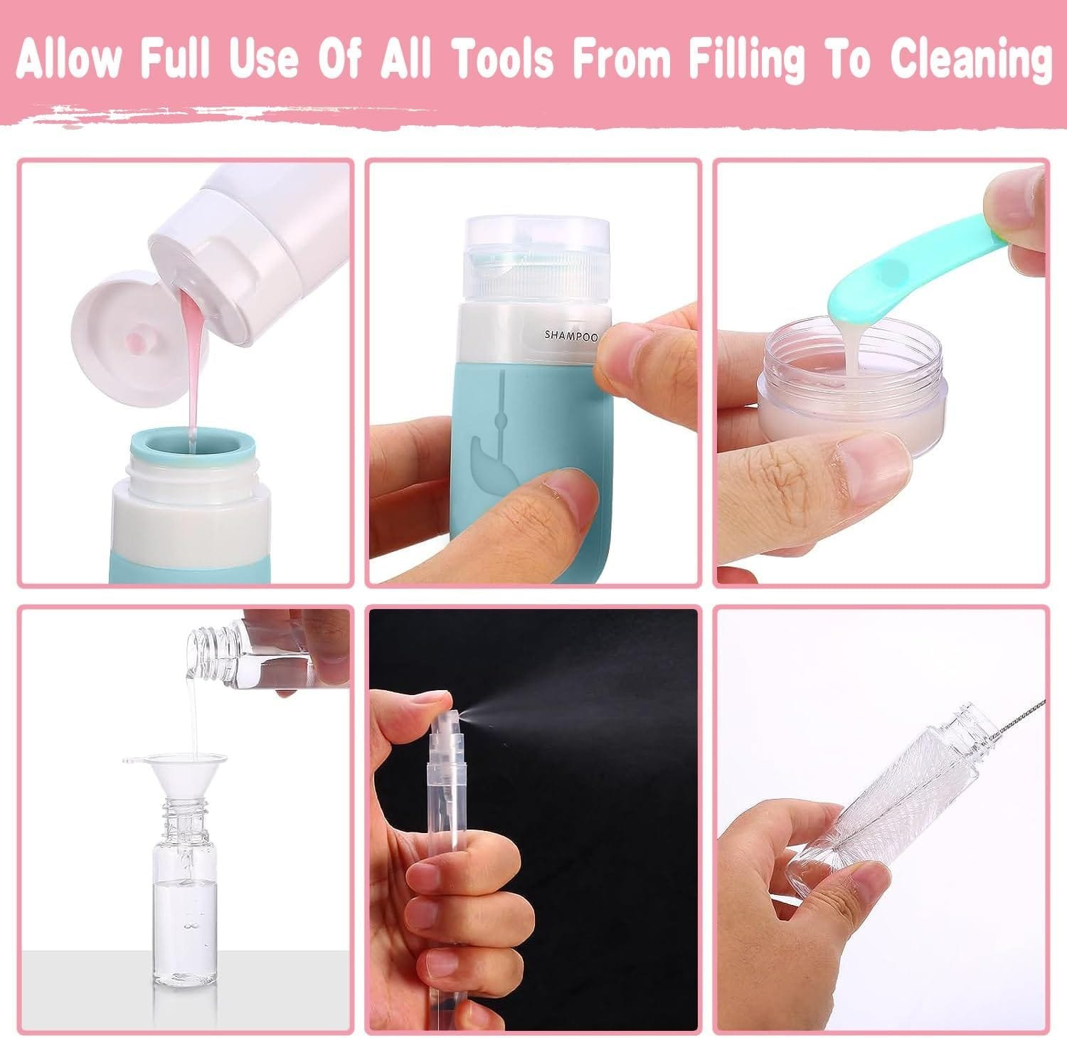 Luckynono - Botellas de viaje para artículos de tocador, a prueba de fugas, rellenables, de silicona, accesorios de viaje para champú, acondicionador, loción, gel de baño, paquete de 17 - Imagen 5