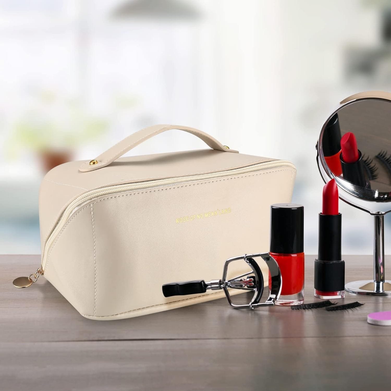 Bolsa de Maquillaje de Viaje, Bolsa de cosméticos de Cuero portátil Impermeable con Gran Capacidad, Mango y Cremallera para artículos de tocador, Maquillaje - Blanco - Imagen 6