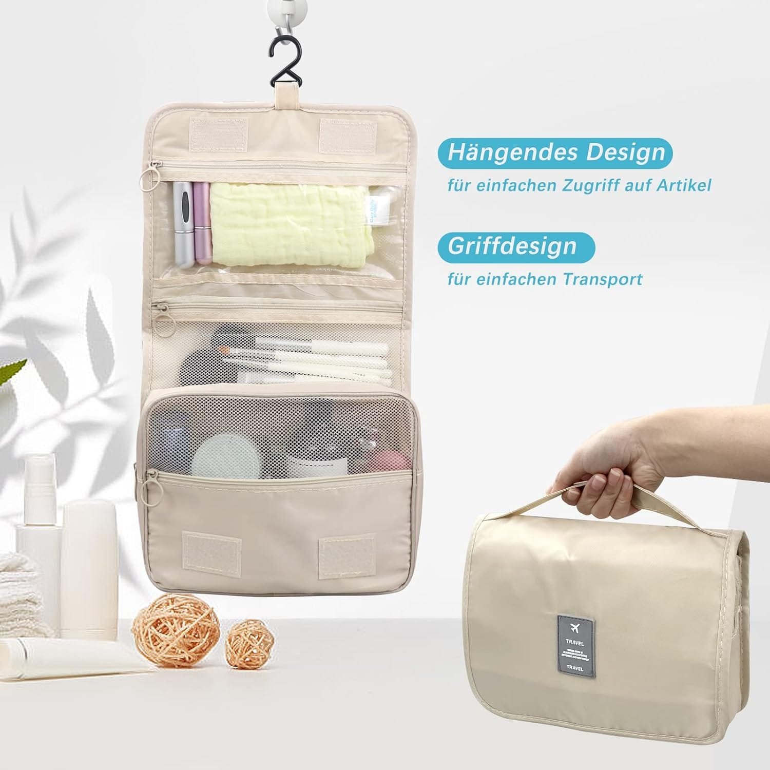 Neceser para colgar, bolsa de aseo plegable, bolsa de aseo de viaje plegable con asa, bolsa de lavado para hombres y mujeres, beige, large, Neceser - Imagen 5