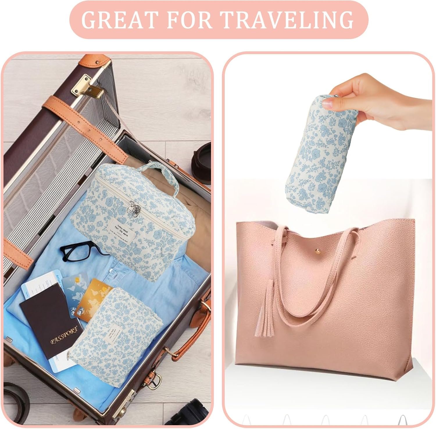 Yallmie Neceser de viaje de 3 piezas, bolsa de aseo floral, bolsa de maquillaje floral, bolsa de viaje para artículos de tocador, bolsas de aseo estéticas para mujeres, bolsas de viaje para artículos - Imagen 6