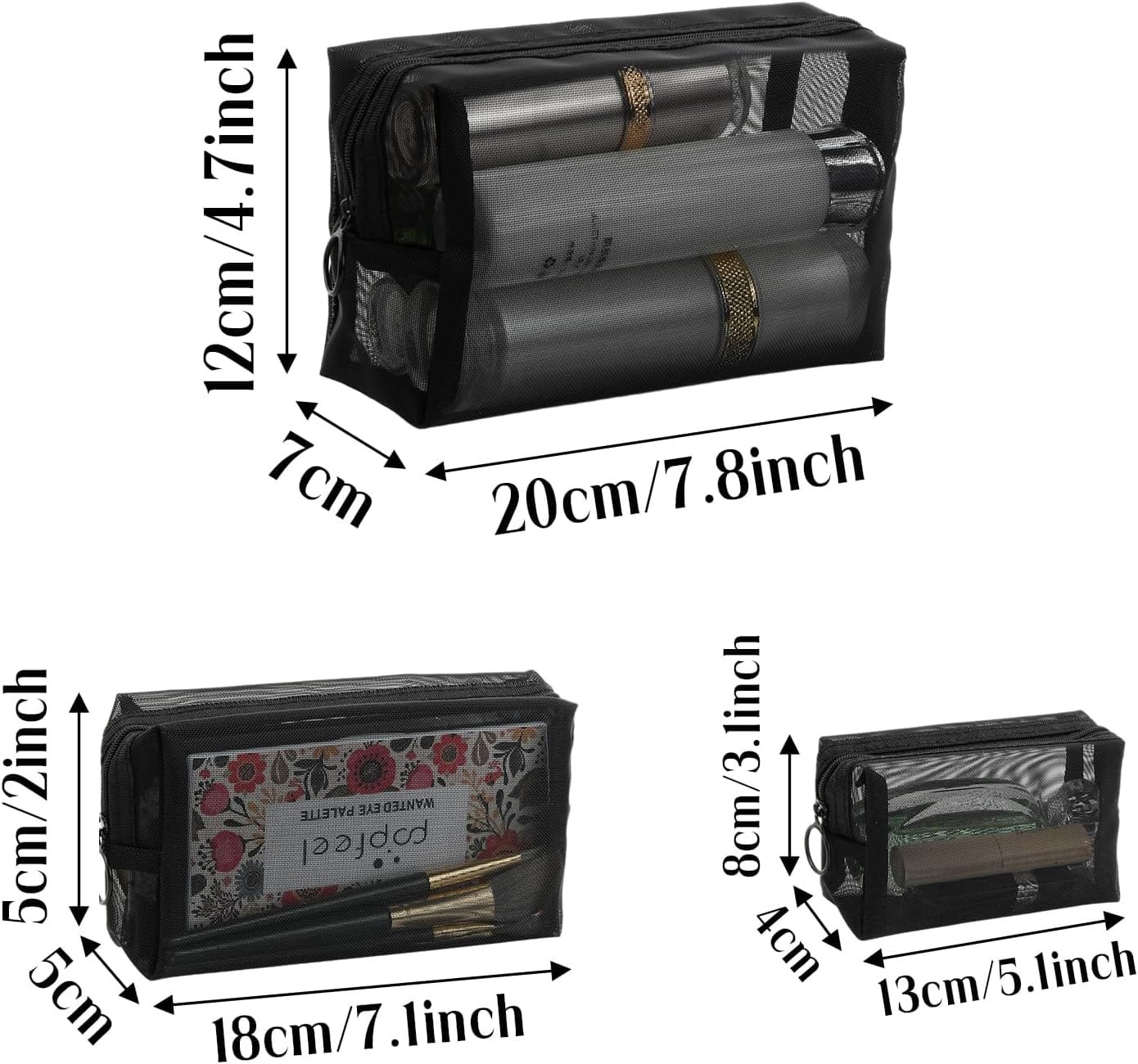 Colexy Juego de 3 Neceser de Maquillaje de Viaje, Malla Bolsa de Aseo Cosméticos, Portátiles Bolsa de Artículos de Tocador de Viaje con Cremallera para Mujer y Hombre (Transparente Negro) - Imagen 2