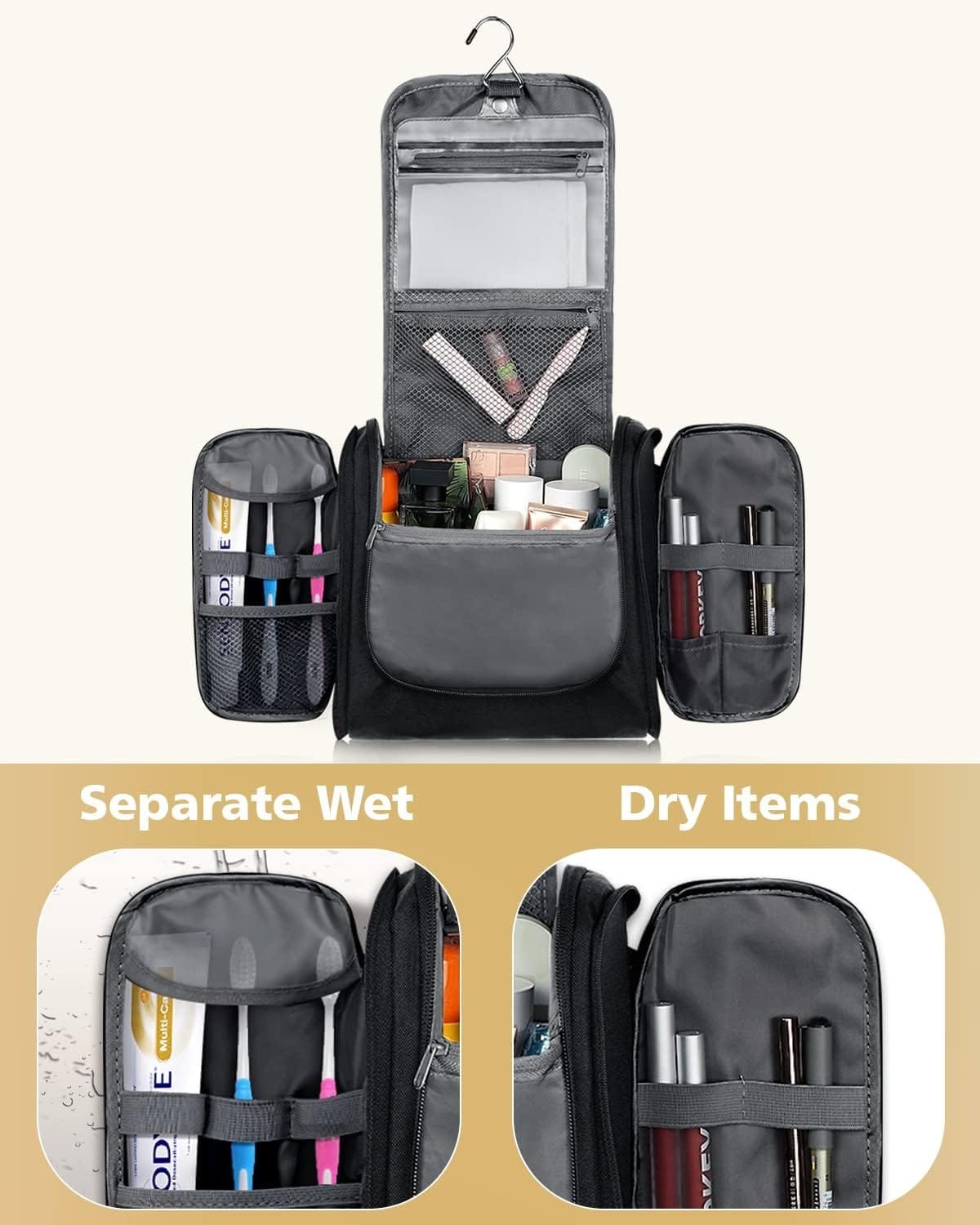 Neceser para Mujeres y Hombres, Bolsa de Maquillaje de Viaje Resistente al Agua con Gancho para Colgar, Bolsa organizadora de artículos de tocador de Viaje compacta - Imagen 4