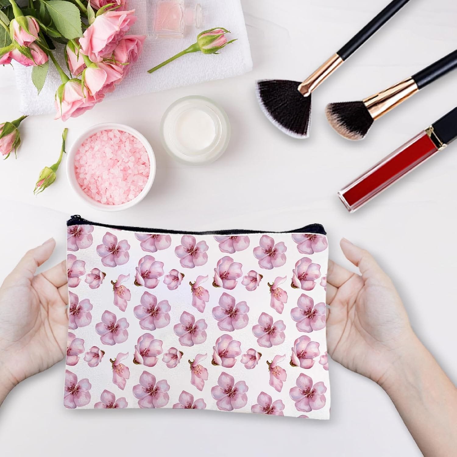 CREATCABIN Sakura Bolsas Maquillaje Bolsa Cosméticos Lona Flor Floral Estuche Multiusos Bolígrafos Bolsas Cremallera Artículos Tocador Bolsa Grande Viaje Regalo para Mujeres Agradecimiento 25x18cm - Imagen 5