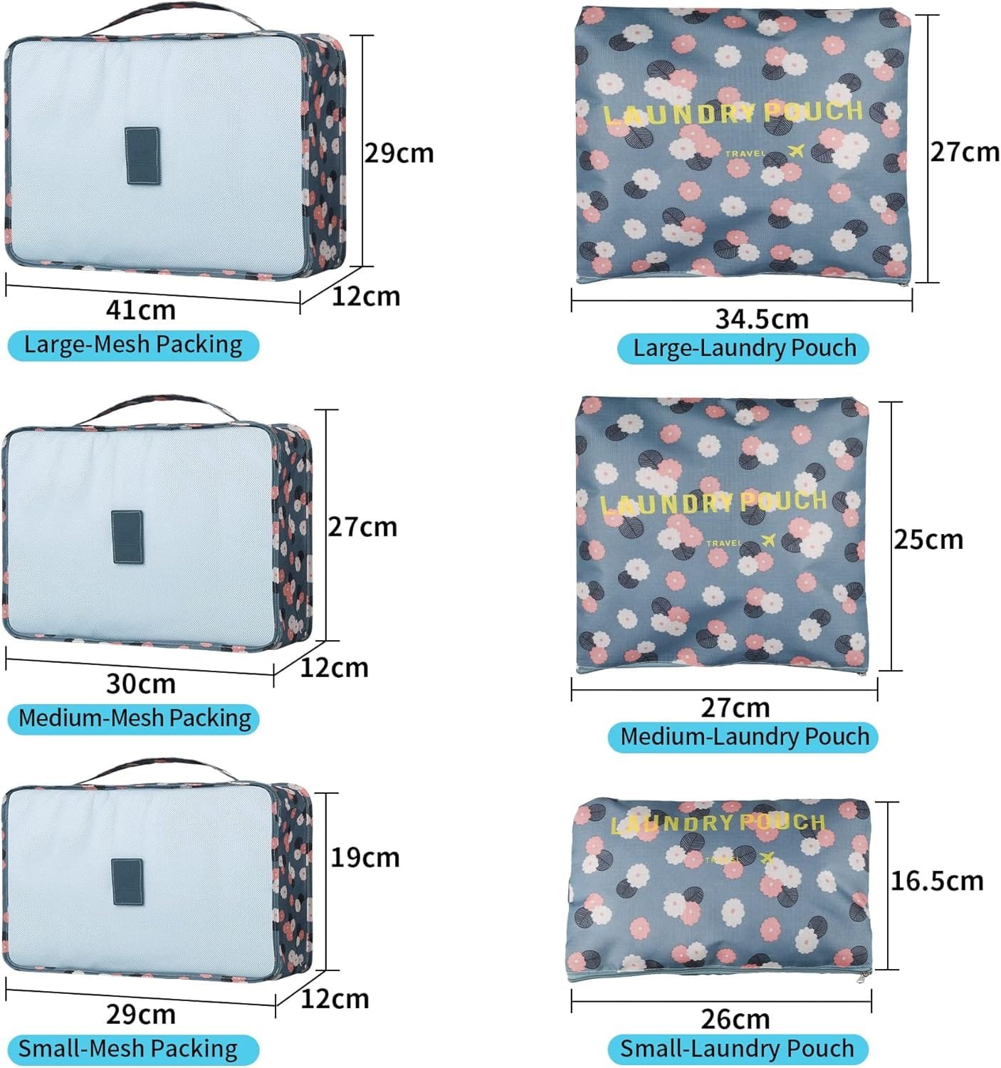 Organizador Maleta Packing Cubes, Coolzon Organizador Equipaje de Viaje Impermeable Cubos Embalaje Bolsa de Zapato, 6 Set, Flores Azules - Imagen 5