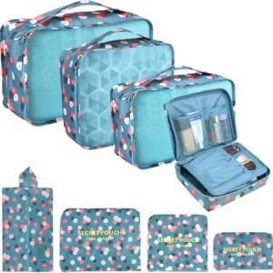 Coolzon Organizador de Equipaje,8 en 1 Set de Organizadores de Viajes Impermeable Organizador de Maleta Bolsa,Cubos de Embalaje Para Ropa,Cosméticos,Ropa Interior,Flor azul