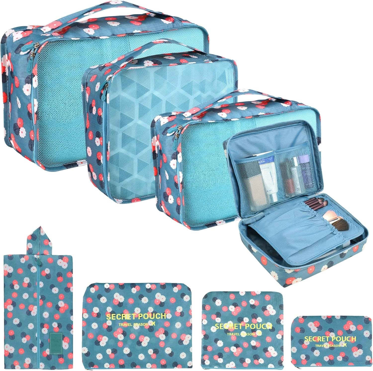Coolzon Organizador de Equipaje,8 en 1 Set de Organizadores de Viajes Impermeable Organizador de Maleta Bolsa,Cubos de Embalaje Para Ropa,Cosméticos,Ropa Interior,Flor azul