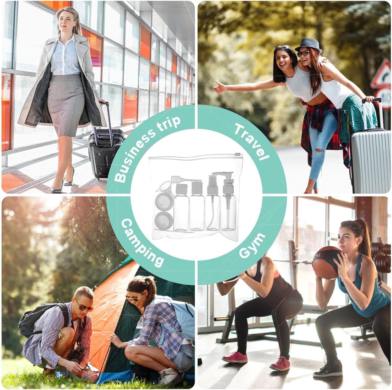 Juego de 9 botellas de viaje a prueba de fugas, rellenables, pequeñas botellas de plástico vacías para cosméticos y artículos de tocador de viaje - Imagen 7