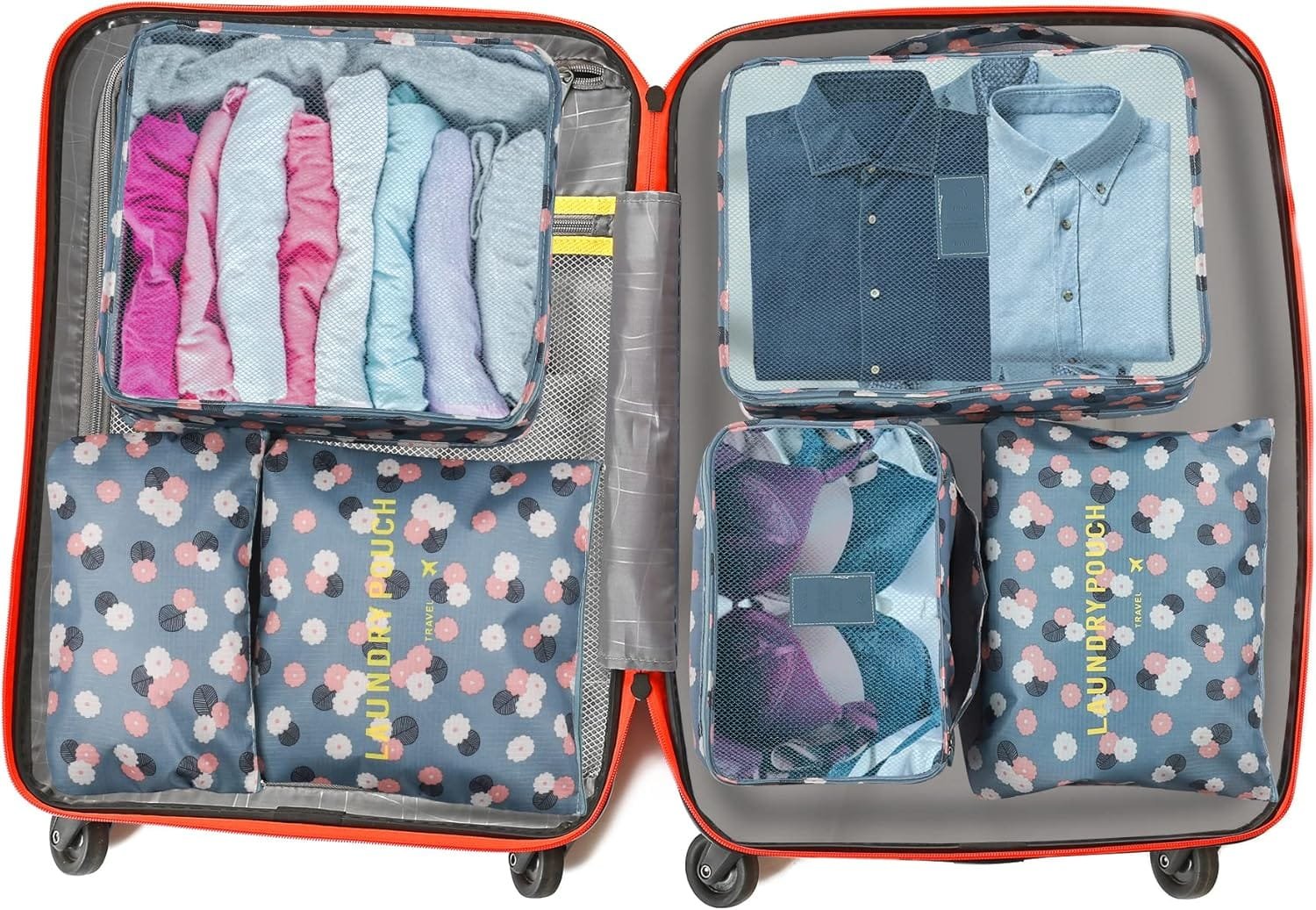 Organizador Maleta Packing Cubes, Coolzon Organizador Equipaje de Viaje Impermeable Cubos Embalaje Bolsa de Zapato, 6 Set, Flores Azules - Imagen 7