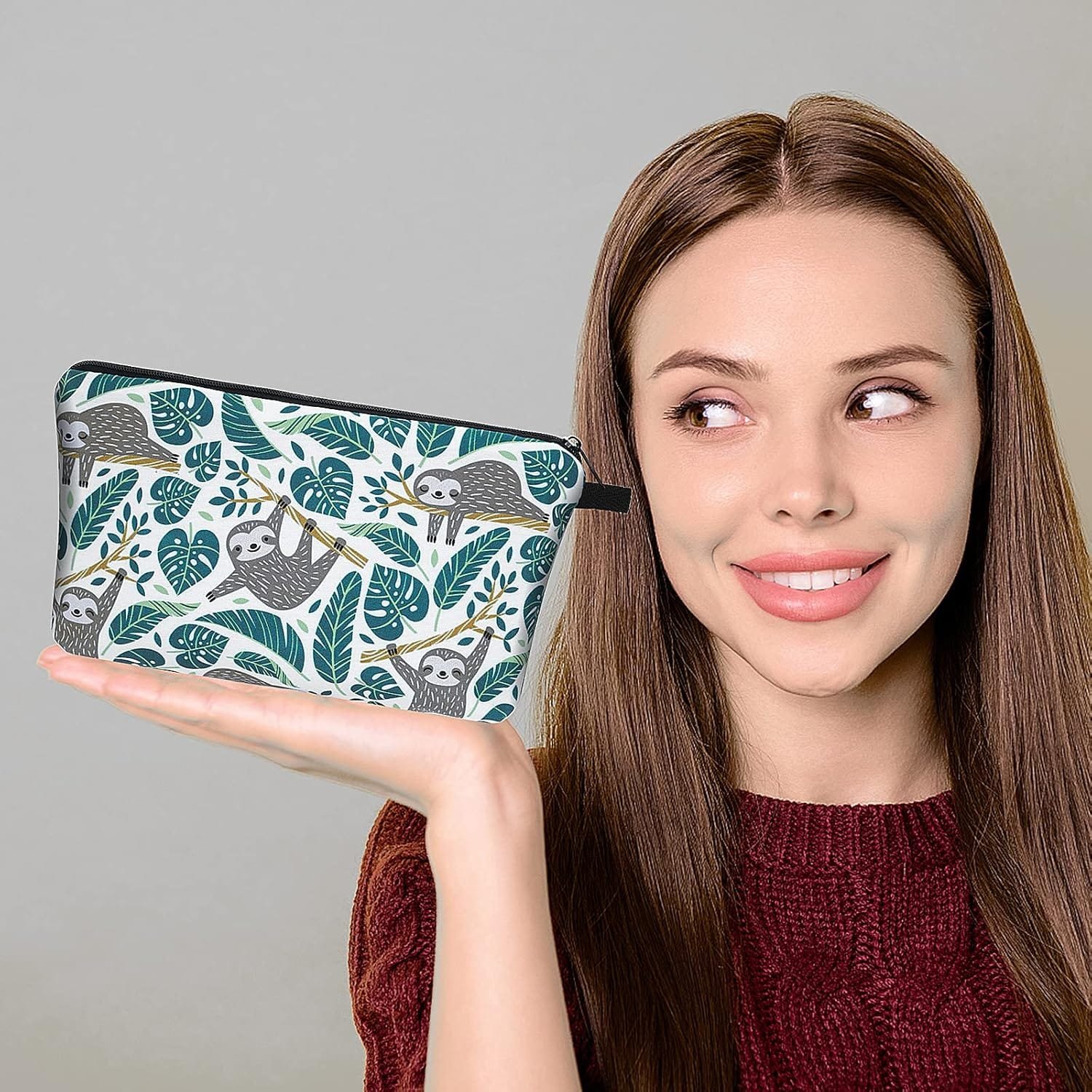 Sibba Bolsa Cosméticos de Lona Bolsa Pequeña con Cremallera Organizador ArtíCulos Tocador Maquillaje Accesorios Viaje para Adolescentes Niñas Perezoso Verde Organizador Bolsas - Imagen 8