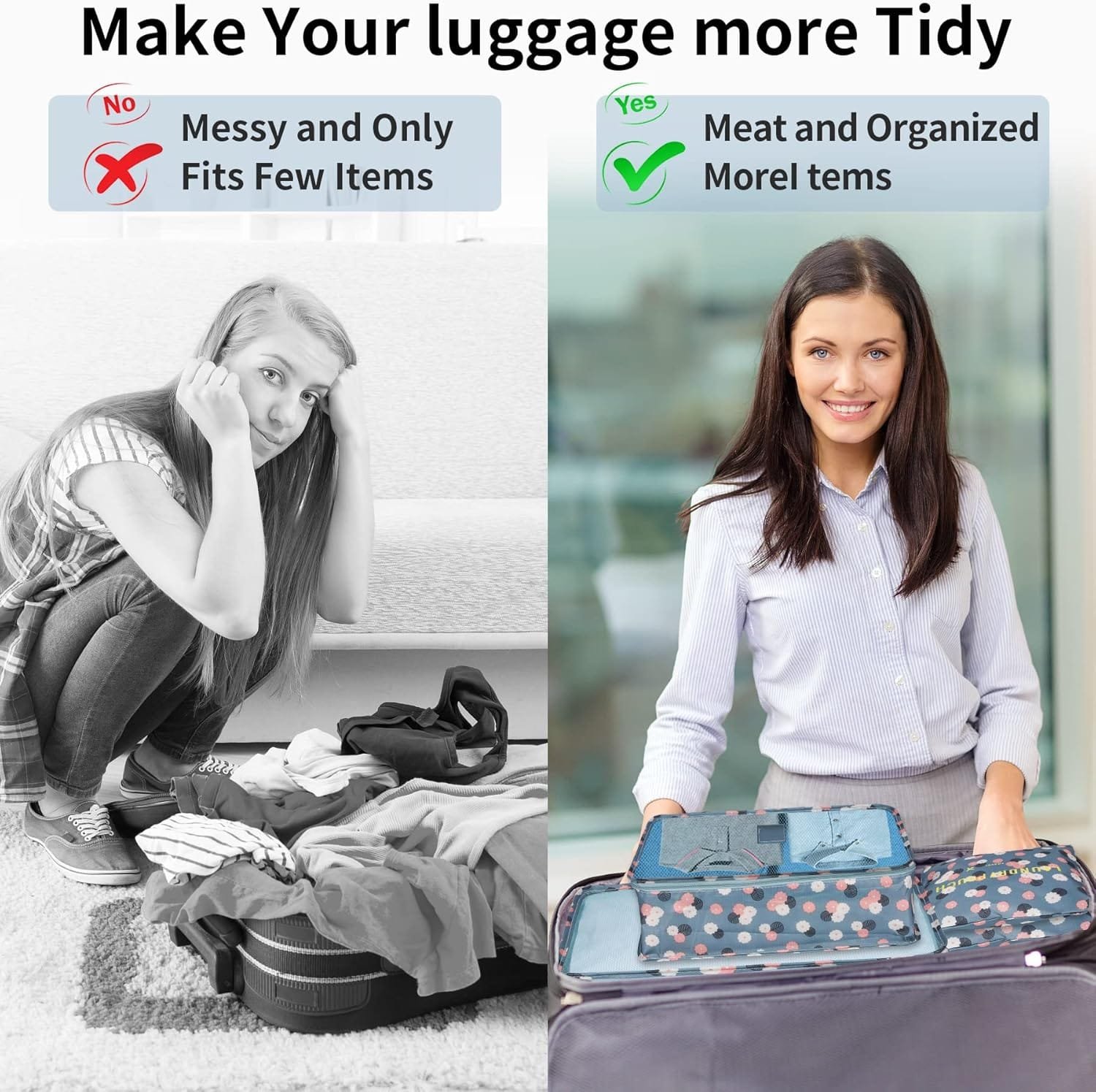 Organizador Maleta Packing Cubes, Coolzon Organizador Equipaje de Viaje Impermeable Cubos Embalaje Bolsa de Zapato, 6 Set, Flores Azules - Imagen 3