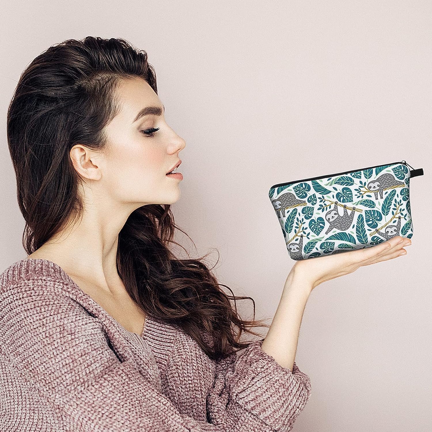 Sibba Bolsa Cosméticos de Lona Bolsa Pequeña con Cremallera Organizador ArtíCulos Tocador Maquillaje Accesorios Viaje para Adolescentes Niñas Perezoso Verde Organizador Bolsas - Imagen 7