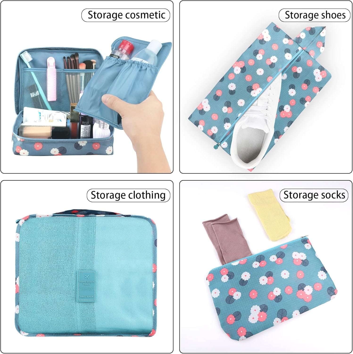 Coolzon Organizador de Equipaje,8 en 1 Set de Organizadores de Viajes Impermeable Organizador de Maleta Bolsa,Cubos de Embalaje Para Ropa,Cosméticos,Ropa Interior,Flor azul - Imagen 3