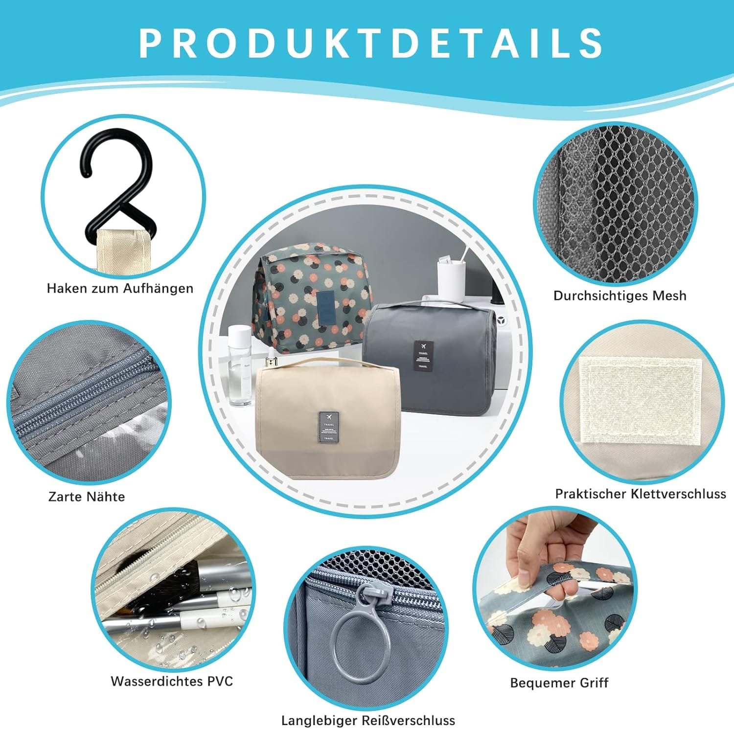 Neceser para colgar, bolsa de aseo plegable, bolsa de aseo de viaje plegable con asa, bolsa de lavado para hombres y mujeres, beige, large, Neceser - Imagen 4