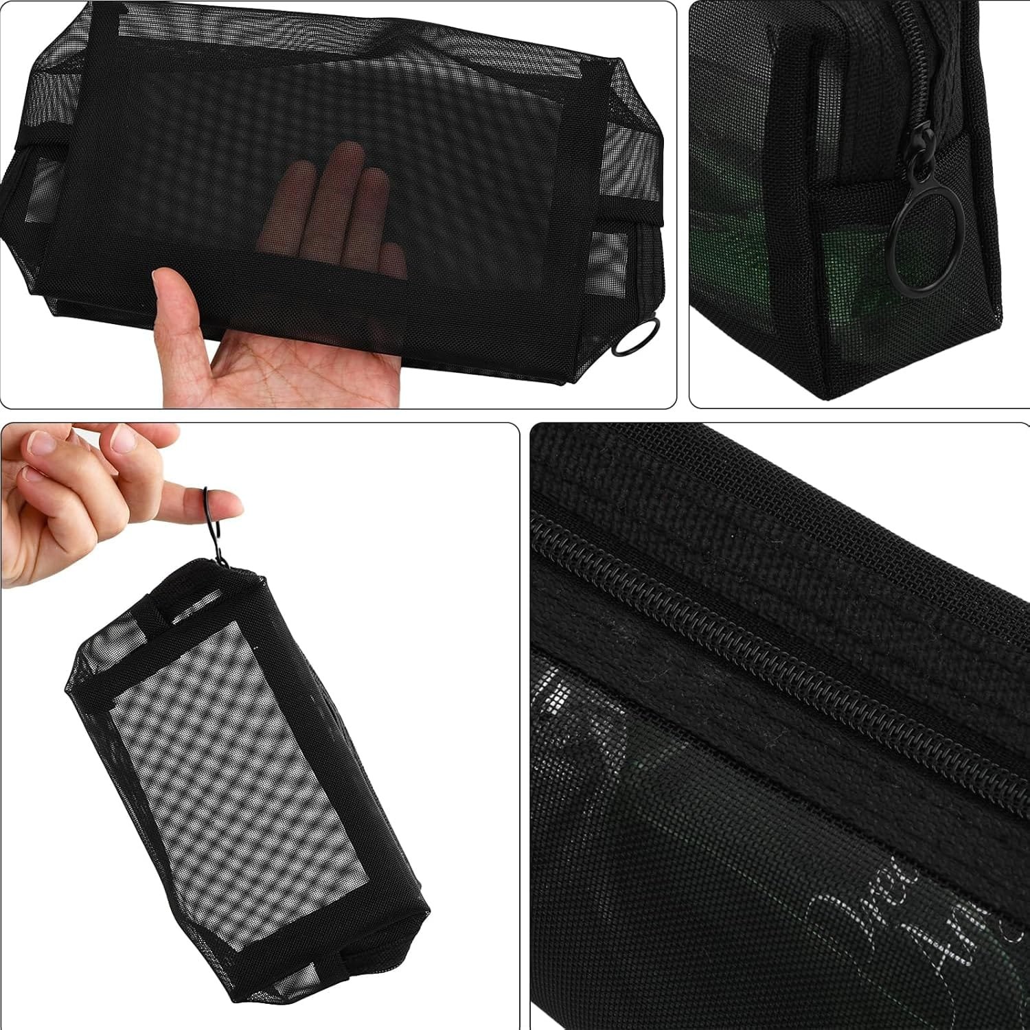 Colexy Juego de 3 Neceser de Maquillaje de Viaje, Malla Bolsa de Aseo Cosméticos, Portátiles Bolsa de Artículos de Tocador de Viaje con Cremallera para Mujer y Hombre (Transparente Negro) - Imagen 4