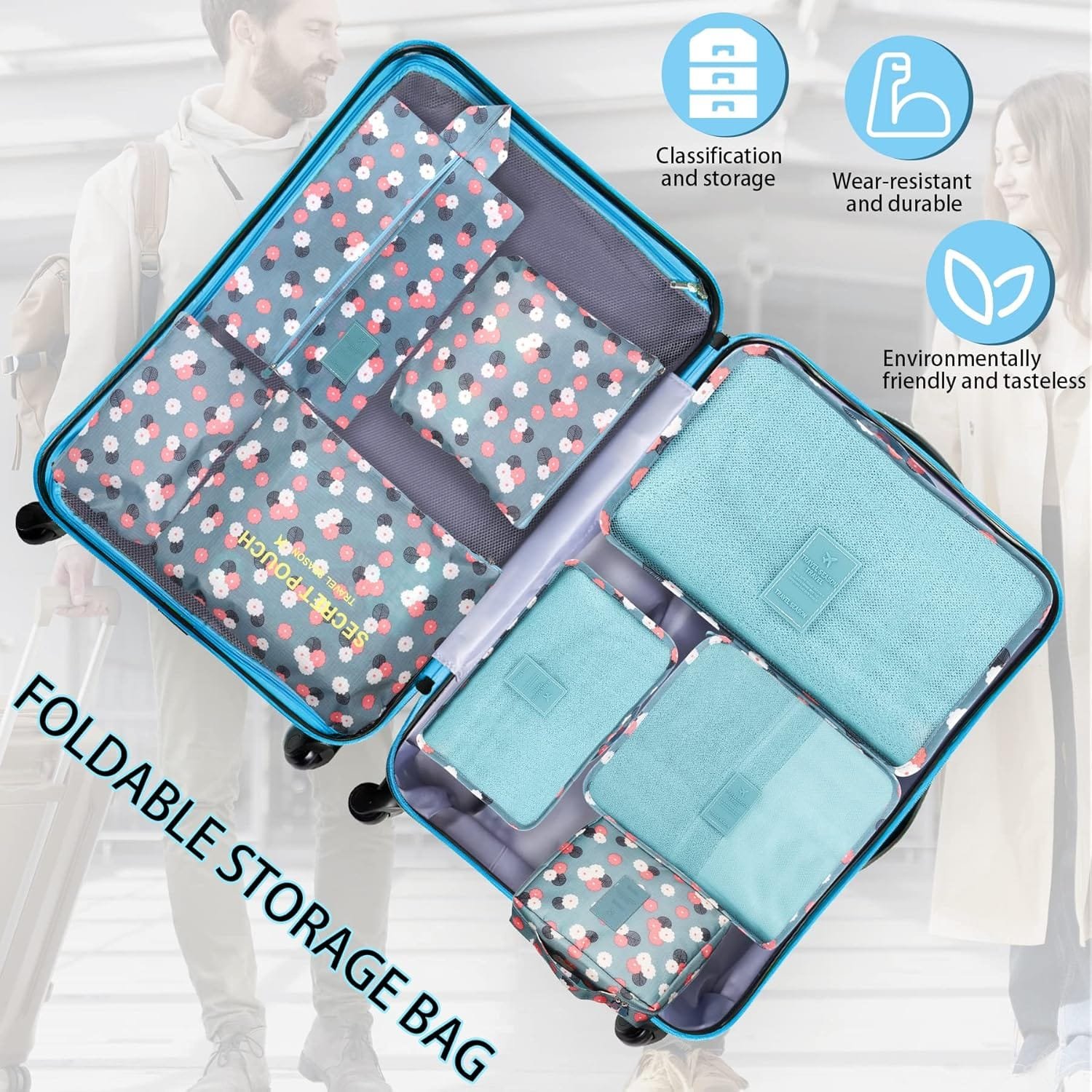 Coolzon Organizador de Equipaje,8 en 1 Set de Organizadores de Viajes Impermeable Organizador de Maleta Bolsa,Cubos de Embalaje Para Ropa,Cosméticos,Ropa Interior,Flor azul - Imagen 4