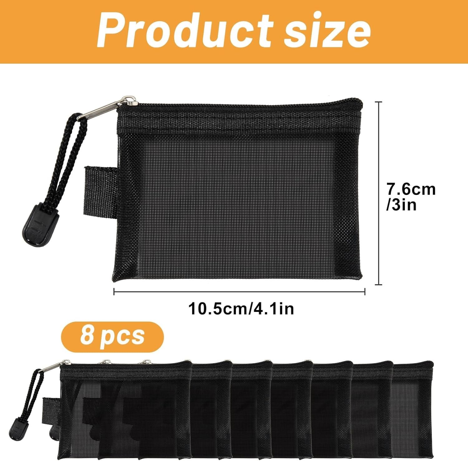 Mini Bolsa de Neceser con Cremallera, Artículos Tocador Cartera Pequeñ Malla Viaje Portátil Monedero, para Tarjetas Cables Maquillaje Accesorios Cosméticos, Negro (8 Piezas) - Imagen 3