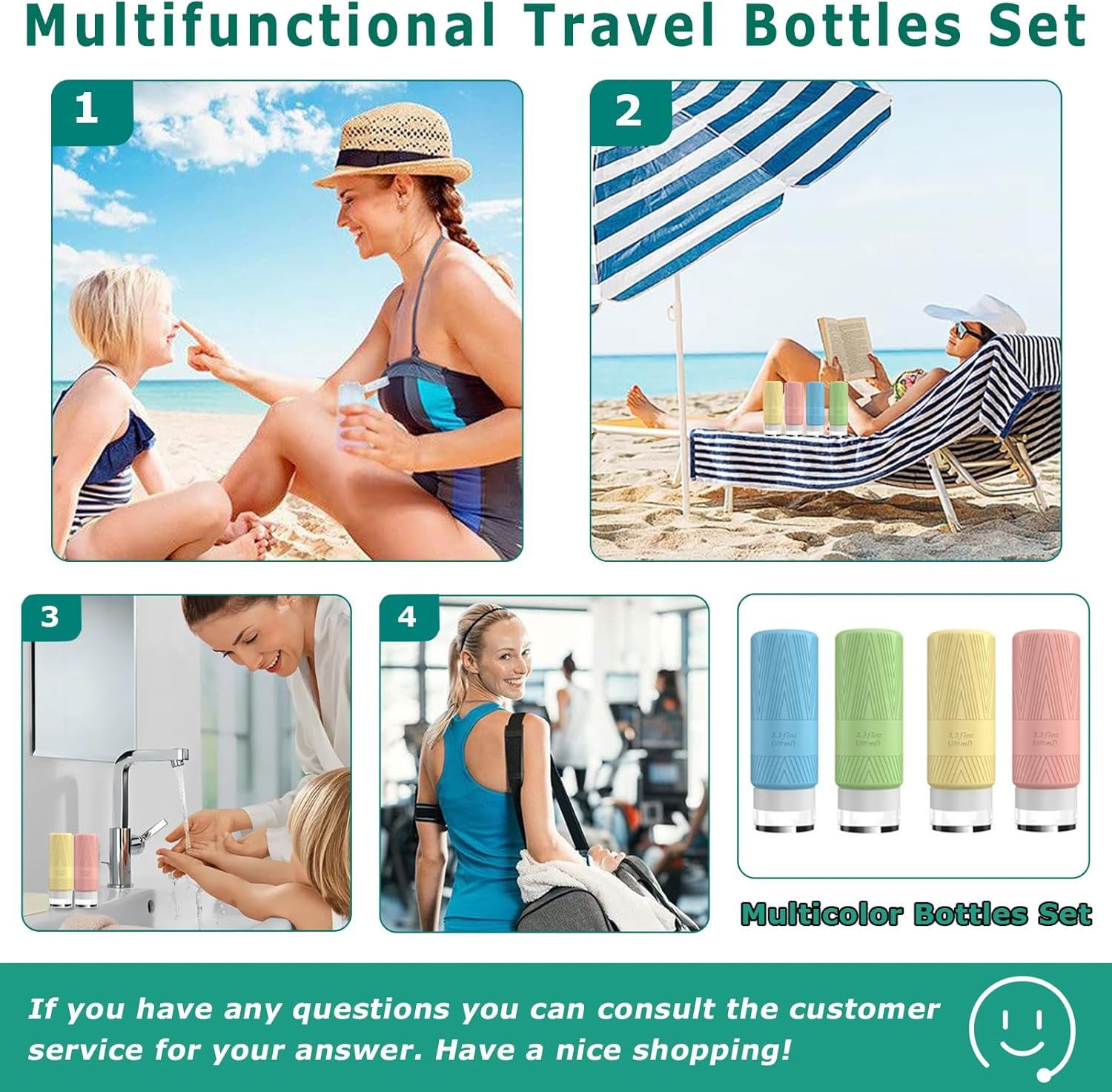 QMAHA Botella de Viaje Silicona, 4 Piezas Botes Viaje Rellenables, Portátiles Botellas de Cosméticos a Prueba de Fugas, Botellas recargables para Artículos de Tocador Con PVC Bolsa (100mlX4) - Imagen 7