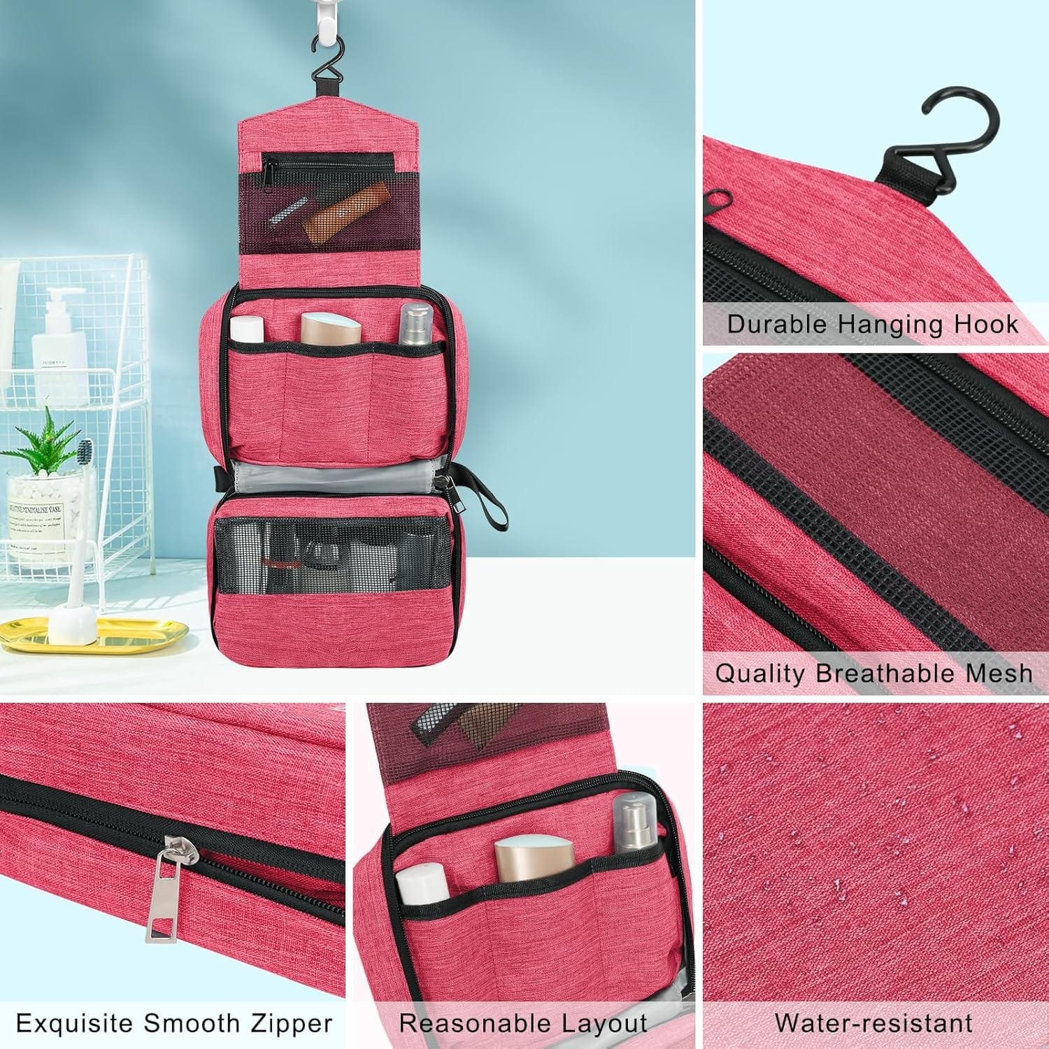 Simpolor Neceser de aseo, bolsa de aseo colgante para mujer, organizador de cultura de viaje impermeable con gancho estable, bolsa de cosméticos compacta portátil para mujer y hombre, bolsa de - Imagen 3