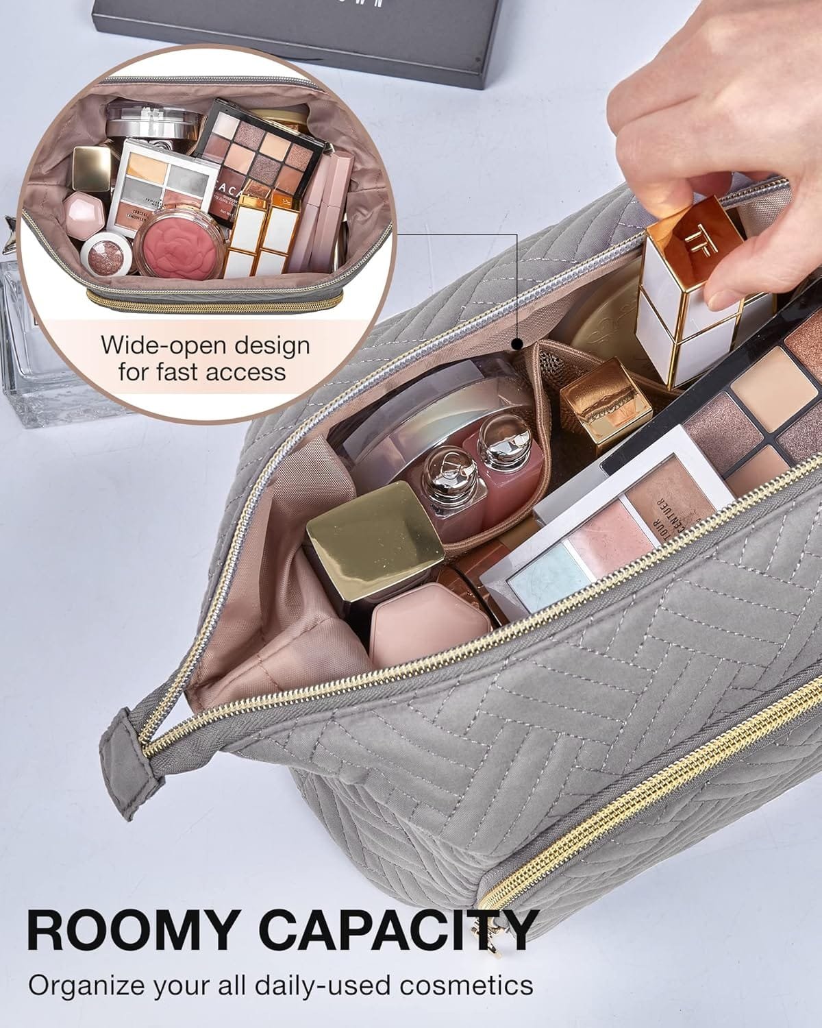BAGSMART Bolsa de maquillaje de viaje, bolsa de cosméticos, organizador de maquillaje, bolsa grande de apertura ancha para mujer, monedero para artículos de tocador, accesorios, pinceles, gris - Imagen 2