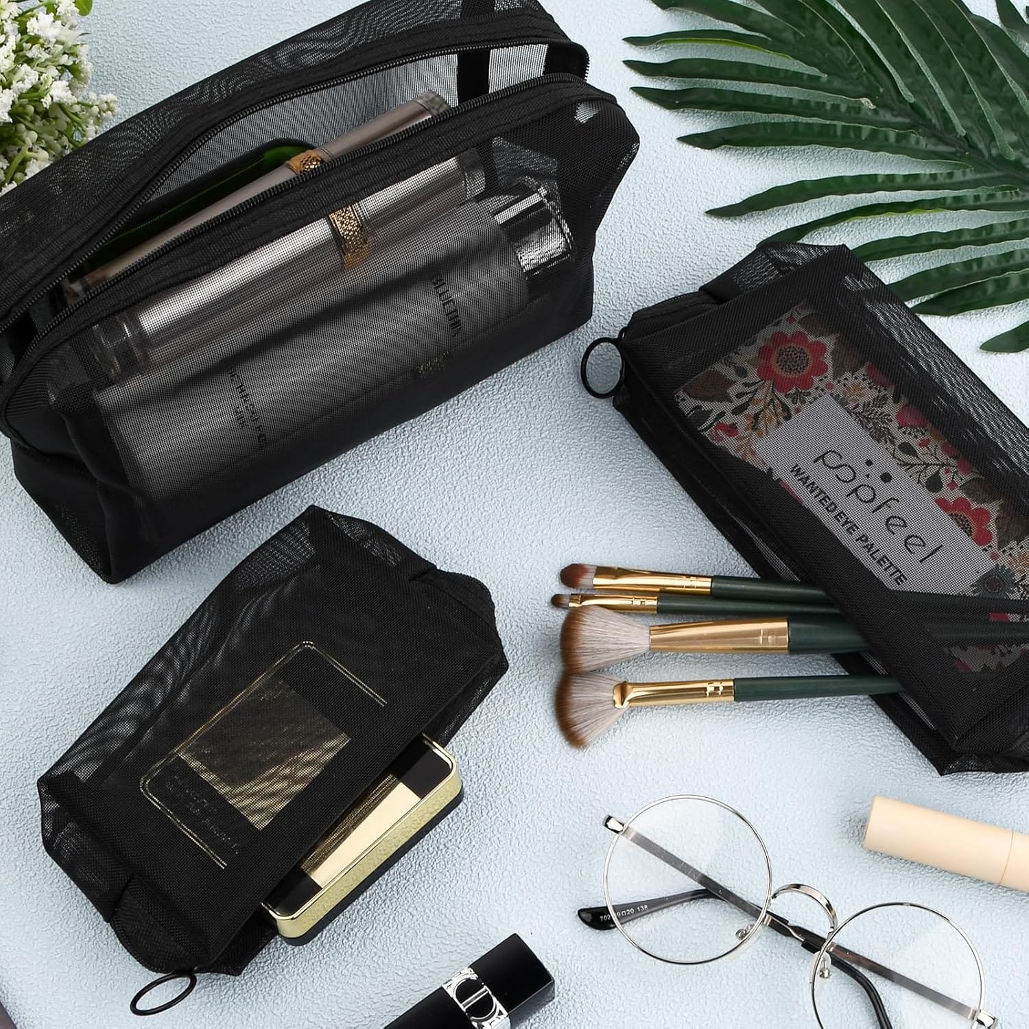 Colexy Juego de 3 Neceser de Maquillaje de Viaje, Malla Bolsa de Aseo Cosméticos, Portátiles Bolsa de Artículos de Tocador de Viaje con Cremallera para Mujer y Hombre (Transparente Negro) - Imagen 5