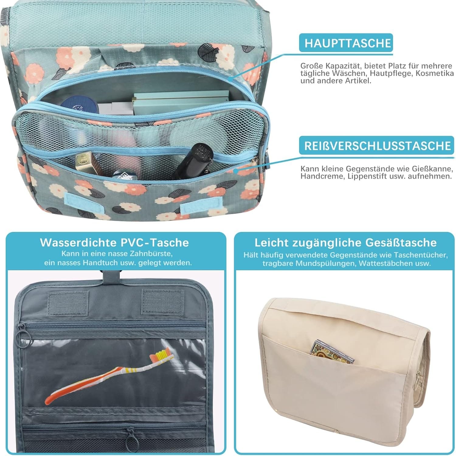 Neceser para colgar, bolsa de aseo plegable, bolsa de aseo de viaje plegable con asa, bolsa de lavado para hombres y mujeres, beige, large, Neceser - Imagen 3