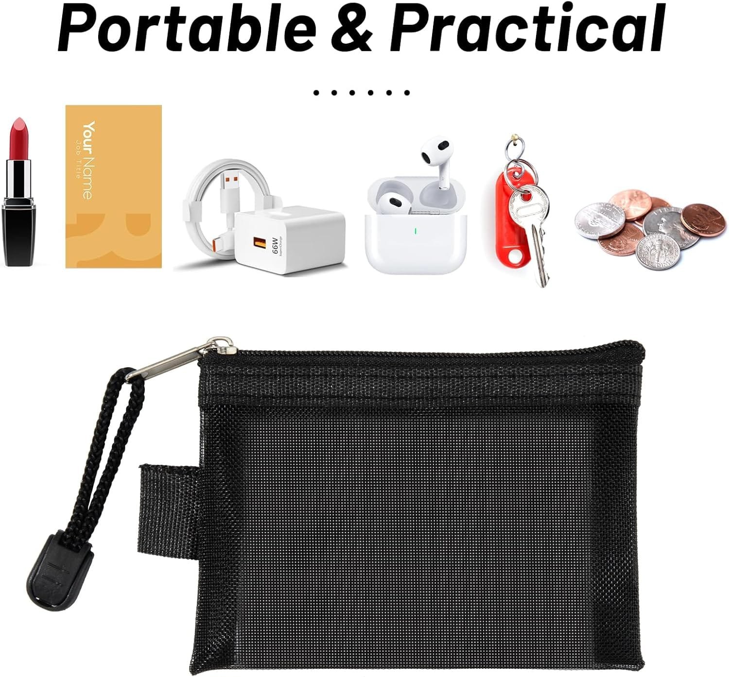 Mini Bolsa de Neceser con Cremallera, Artículos Tocador Cartera Pequeñ Malla Viaje Portátil Monedero, para Tarjetas Cables Maquillaje Accesorios Cosméticos, Negro (8 Piezas) - Imagen 5