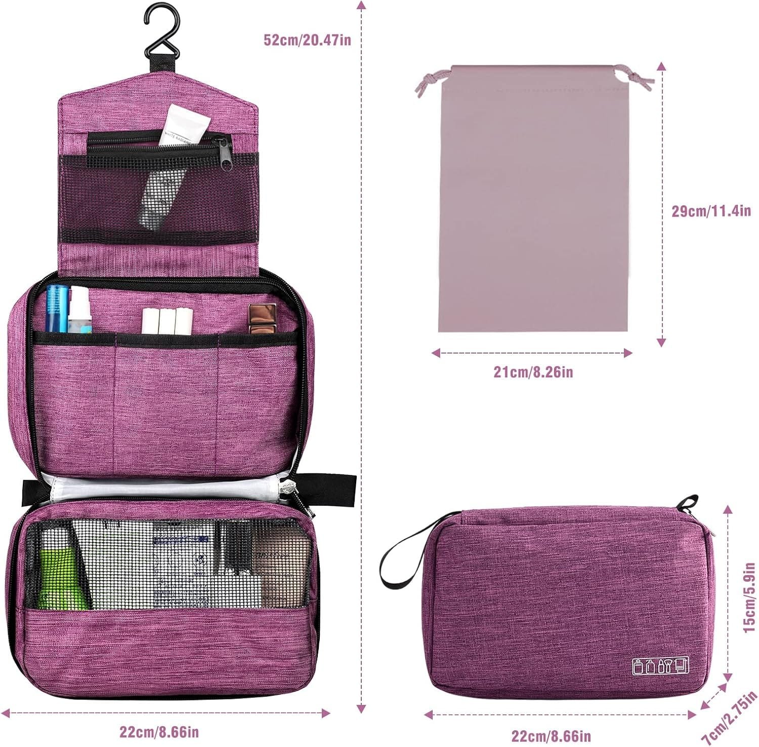Larkumio Neceser Hombre Mujer, Neceser Maquillaje Bolsa de Aseo Makeup Bag Grande Colgante Impermeable, 1 Neceser Viaje + Bolsa con Cordón, Violeta - Imagen 5