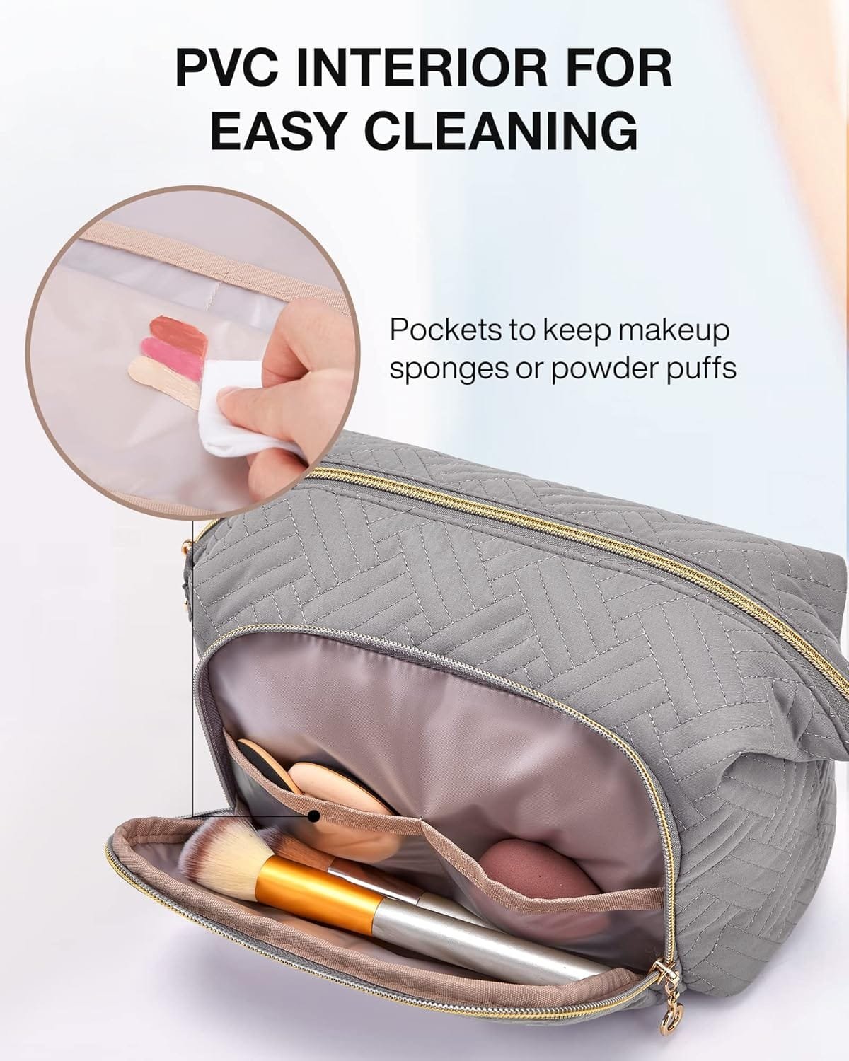 BAGSMART Bolsa de maquillaje de viaje, bolsa de cosméticos, organizador de maquillaje, bolsa grande de apertura ancha para mujer, monedero para artículos de tocador, accesorios, pinceles, gris - Imagen 3