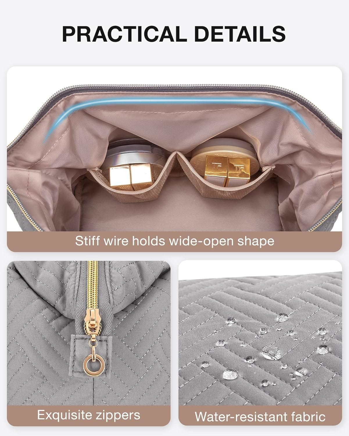 BAGSMART Bolsa de maquillaje de viaje, bolsa de cosméticos, organizador de maquillaje, bolsa grande de apertura ancha para mujer, monedero para artículos de tocador, accesorios, pinceles, gris - Imagen 6