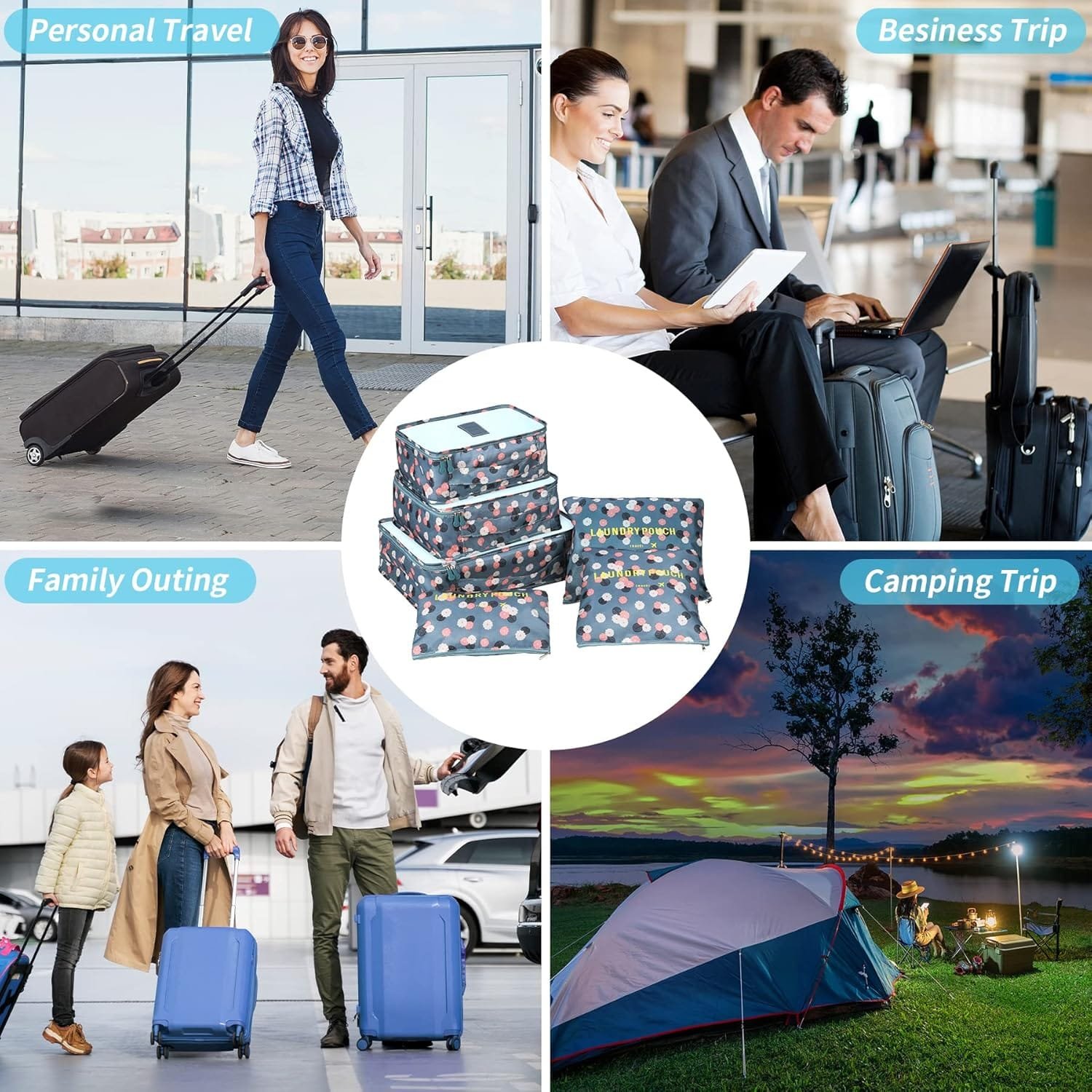 Organizador Maleta Packing Cubes, Coolzon Organizador Equipaje de Viaje Impermeable Cubos Embalaje Bolsa de Zapato, 6 Set, Flores Azules - Imagen 2