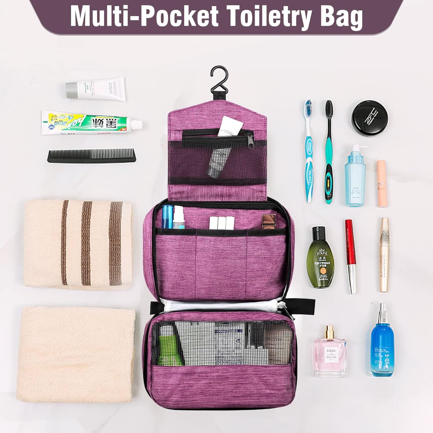 Larkumio Neceser Hombre Mujer, Neceser Maquillaje Bolsa de Aseo Makeup Bag Grande Colgante Impermeable, 1 Neceser Viaje + Bolsa con Cordón, Violeta - Imagen 3