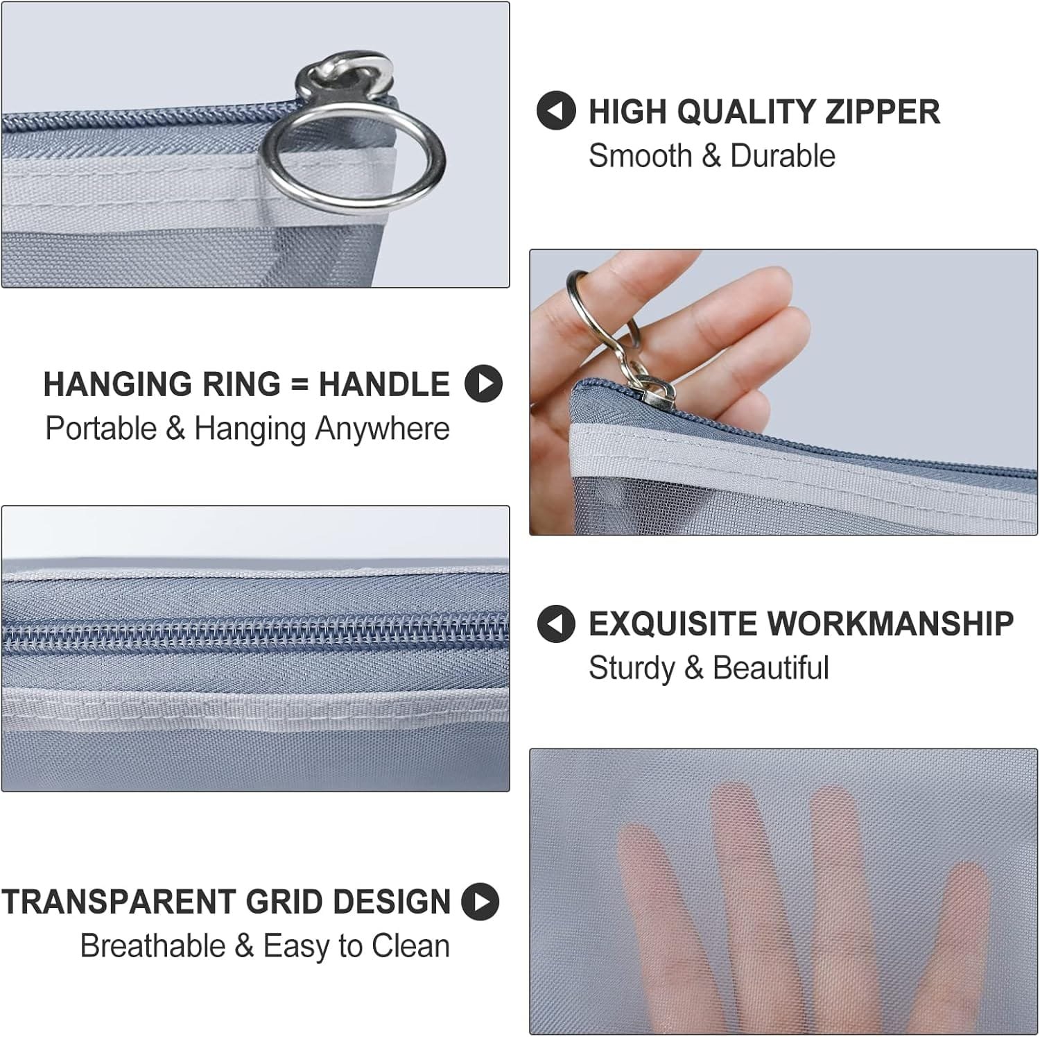 Aosbos 3 Piezas Neceser Mujer de Malla, Neceser Maquillaje Transparente para Viaje, Malla Bolsa de Aseo para Hombre, Bolsa de Artículos de Tocador, Bolsa de Cosméticos con Cremallera para Playa, Gris - Imagen 3