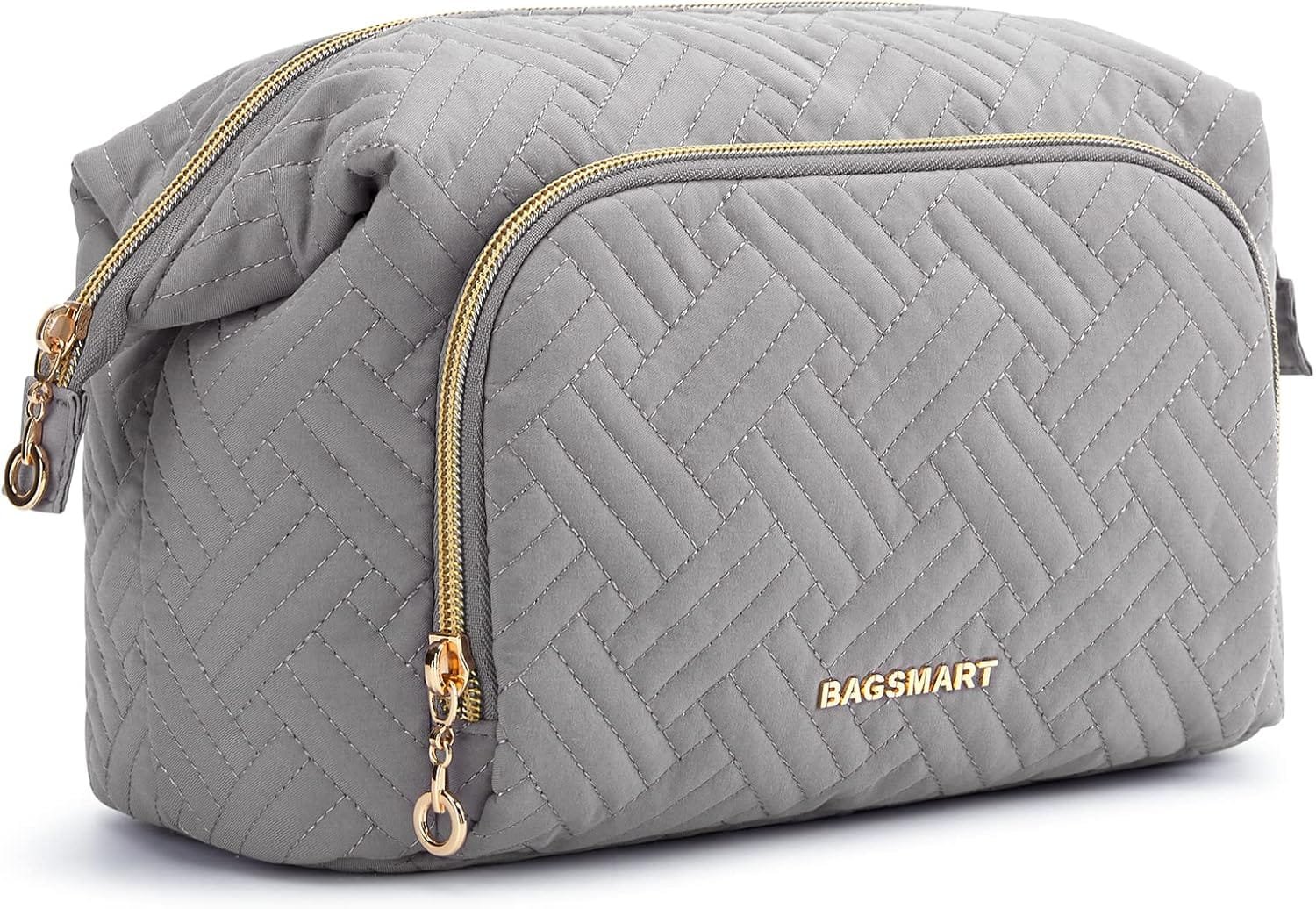 BAGSMART Bolsa de maquillaje de viaje, bolsa de cosméticos, organizador de maquillaje, bolsa grande de apertura ancha para mujer, monedero para artículos de tocador, accesorios, pinceles, gris