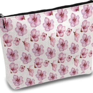 CREATCABIN Sakura Bolsas Maquillaje Bolsa Cosméticos Lona Flor Floral Estuche Multiusos Bolígrafos Bolsas Cremallera Artículos Tocador Bolsa Grande Viaje Regalo para Mujeres Agradecimiento 25x18cm