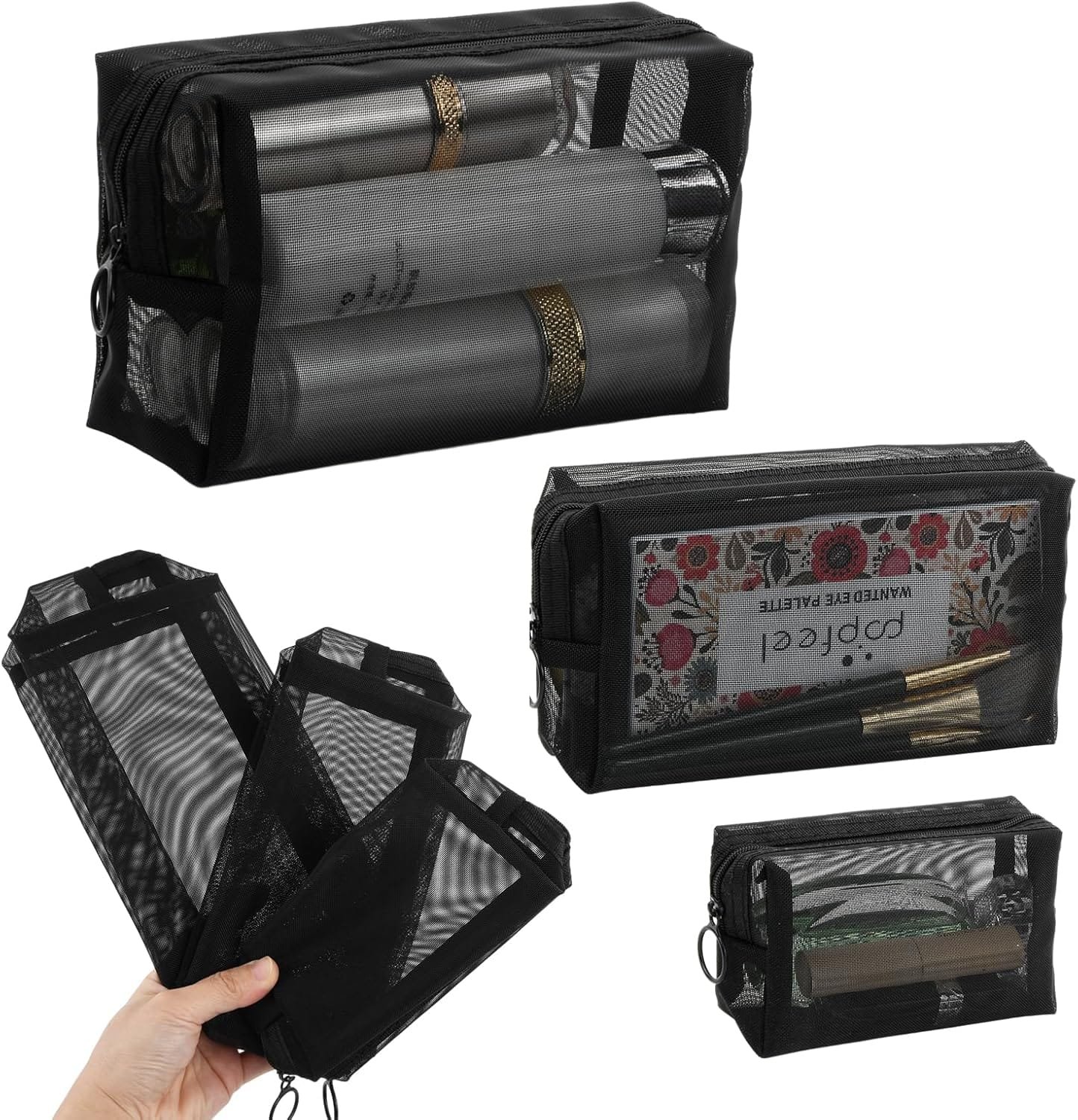 Colexy Juego de 3 Neceser de Maquillaje de Viaje, Malla Bolsa de Aseo Cosméticos, Portátiles Bolsa de Artículos de Tocador de Viaje con Cremallera para Mujer y Hombre (Transparente Negro) - Imagen 8