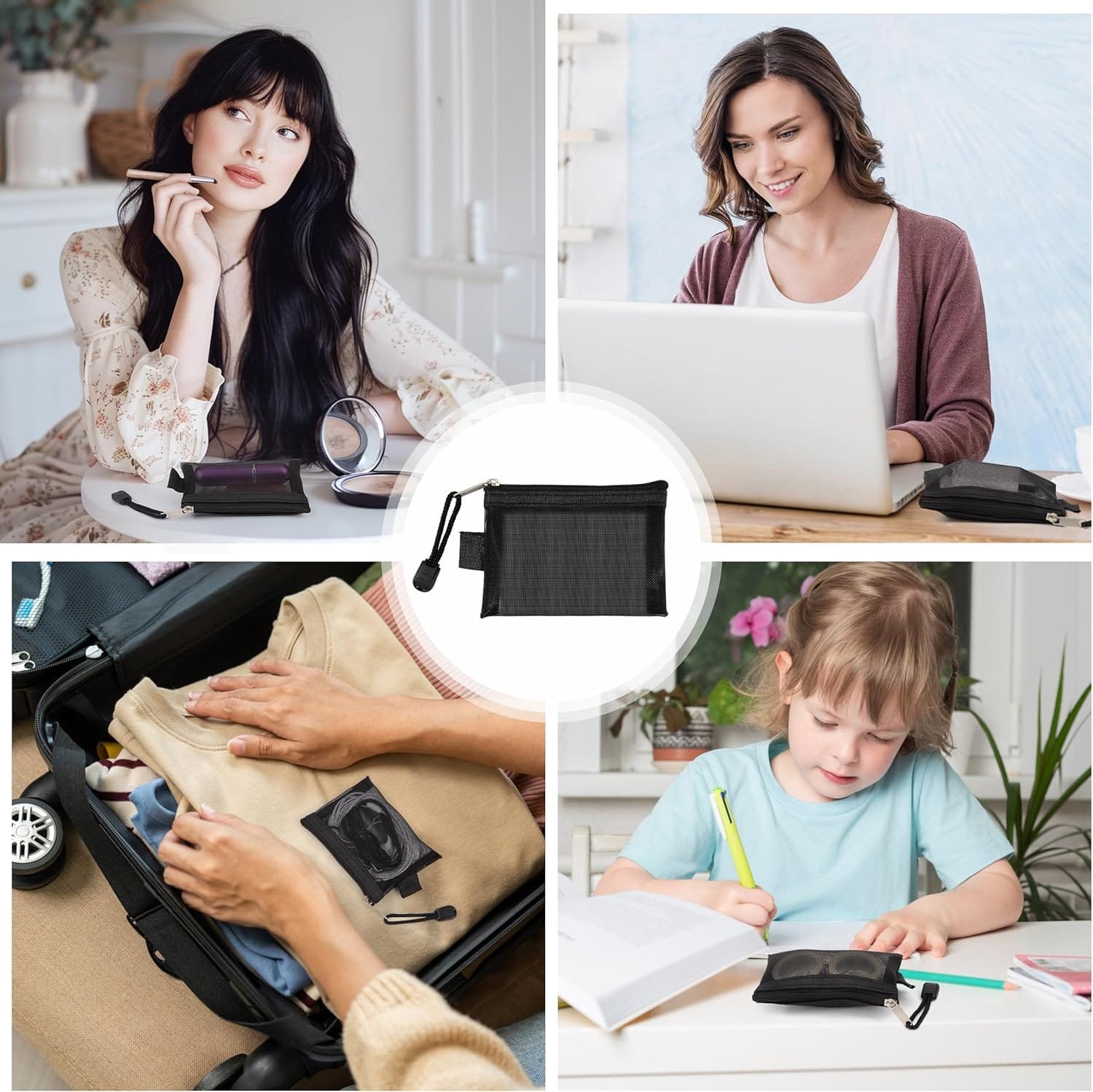 Mini Bolsa de Neceser con Cremallera, Artículos Tocador Cartera Pequeñ Malla Viaje Portátil Monedero, para Tarjetas Cables Maquillaje Accesorios Cosméticos, Negro (8 Piezas) - Imagen 6