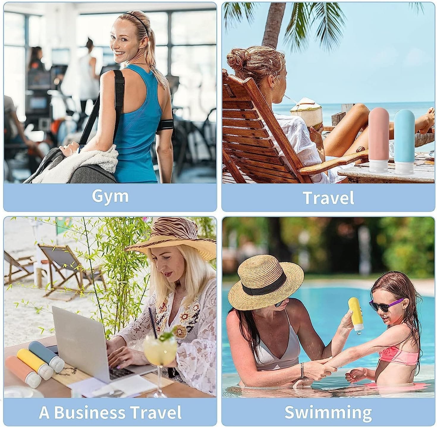 BRLYYO Botellas de silicona de viaje para artículos de aseo aprobados por la TSA Juego de envases de viaje de 4 unidades Champú, acondicionador de cabello, loción corporal, recargables - Imagen 6