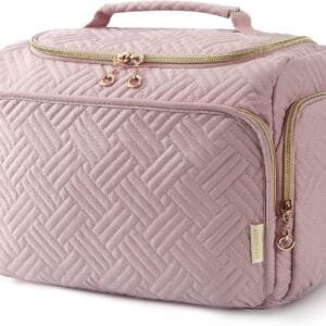 BAGSMART Bolsa de aseo de viaje, bolsa de viaje grande abierta para artículos de tocador, maquillaje, bolsa de cosméticos con asa, Rosa., large