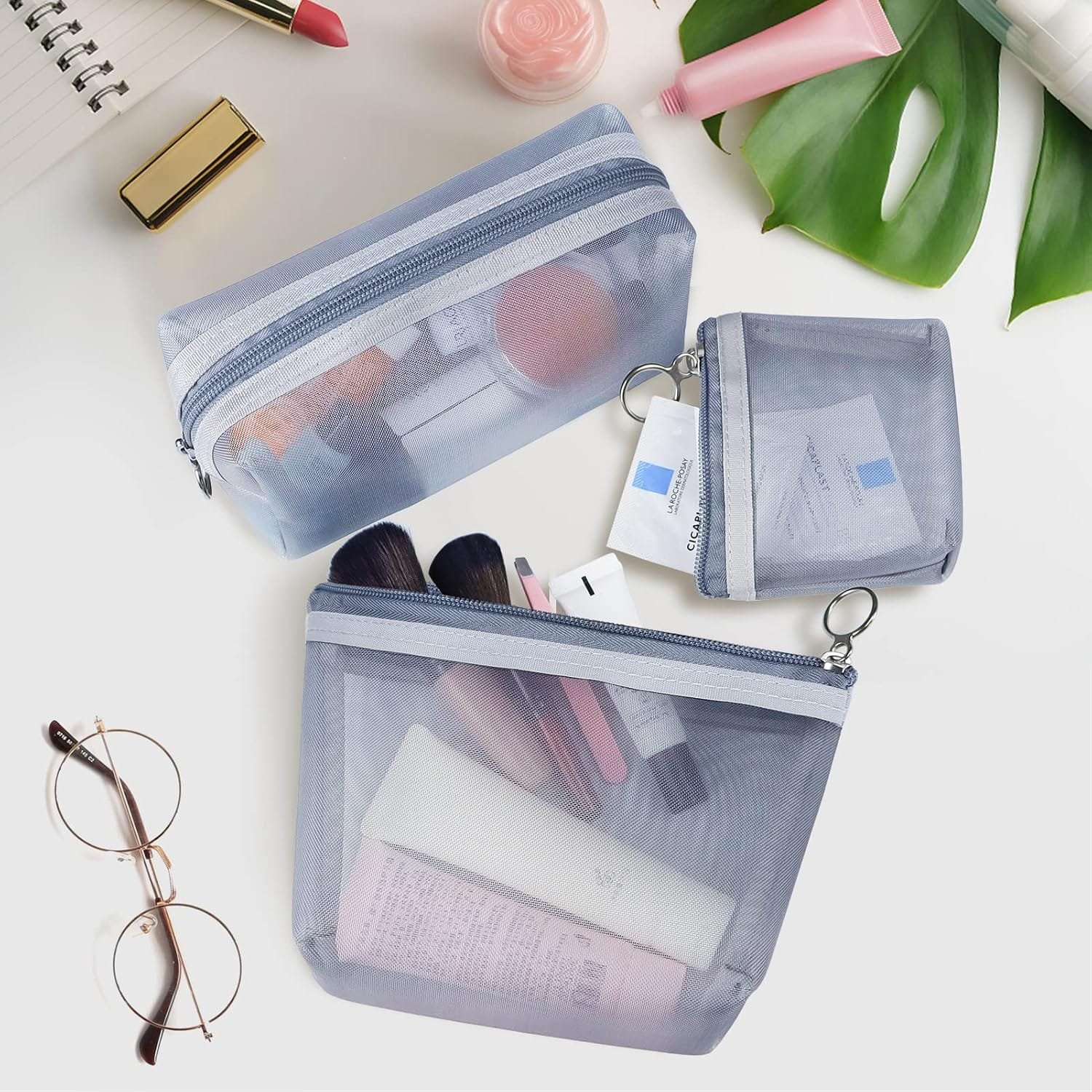 Aosbos 3 Piezas Neceser Mujer de Malla, Neceser Maquillaje Transparente para Viaje, Malla Bolsa de Aseo para Hombre, Bolsa de Artículos de Tocador, Bolsa de Cosméticos con Cremallera para Playa, Gris - Imagen 6