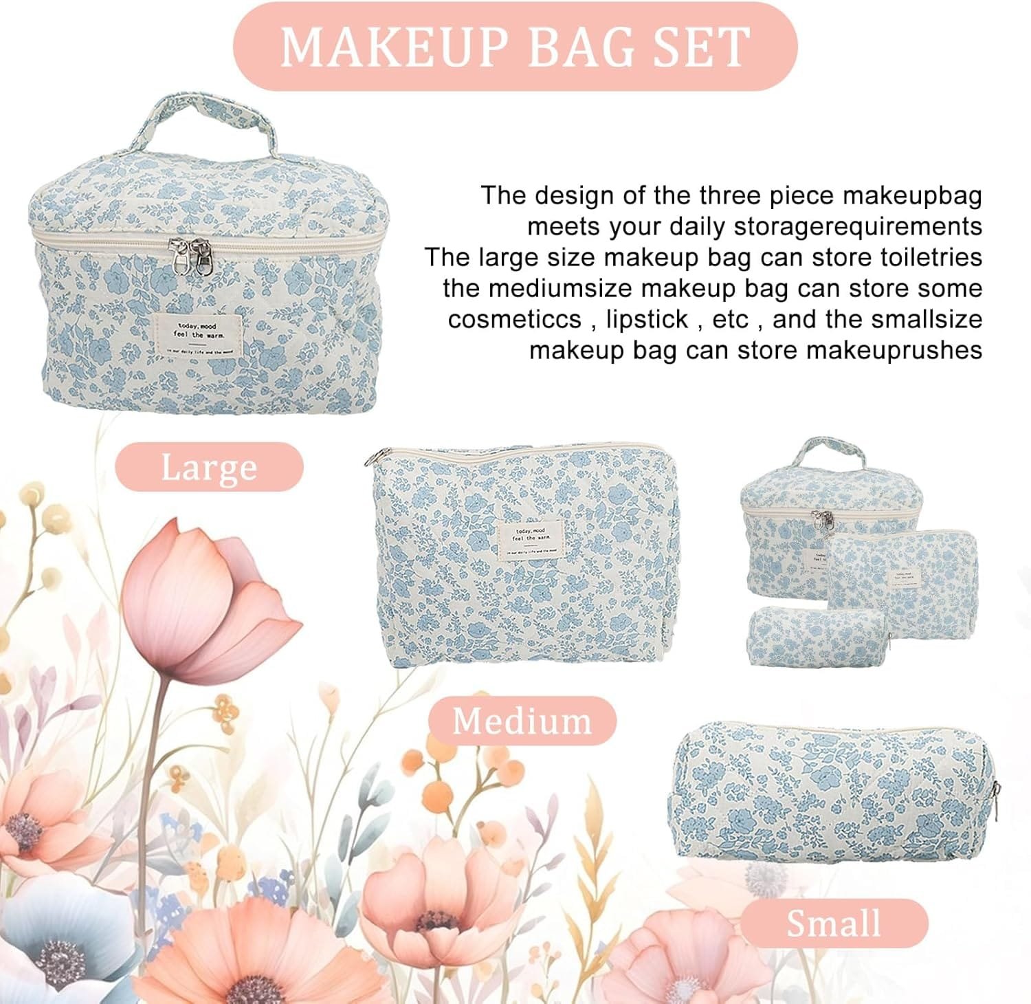 Yallmie Neceser de viaje de 3 piezas, bolsa de aseo floral, bolsa de maquillaje floral, bolsa de viaje para artículos de tocador, bolsas de aseo estéticas para mujeres, bolsas de viaje para artículos - Imagen 5