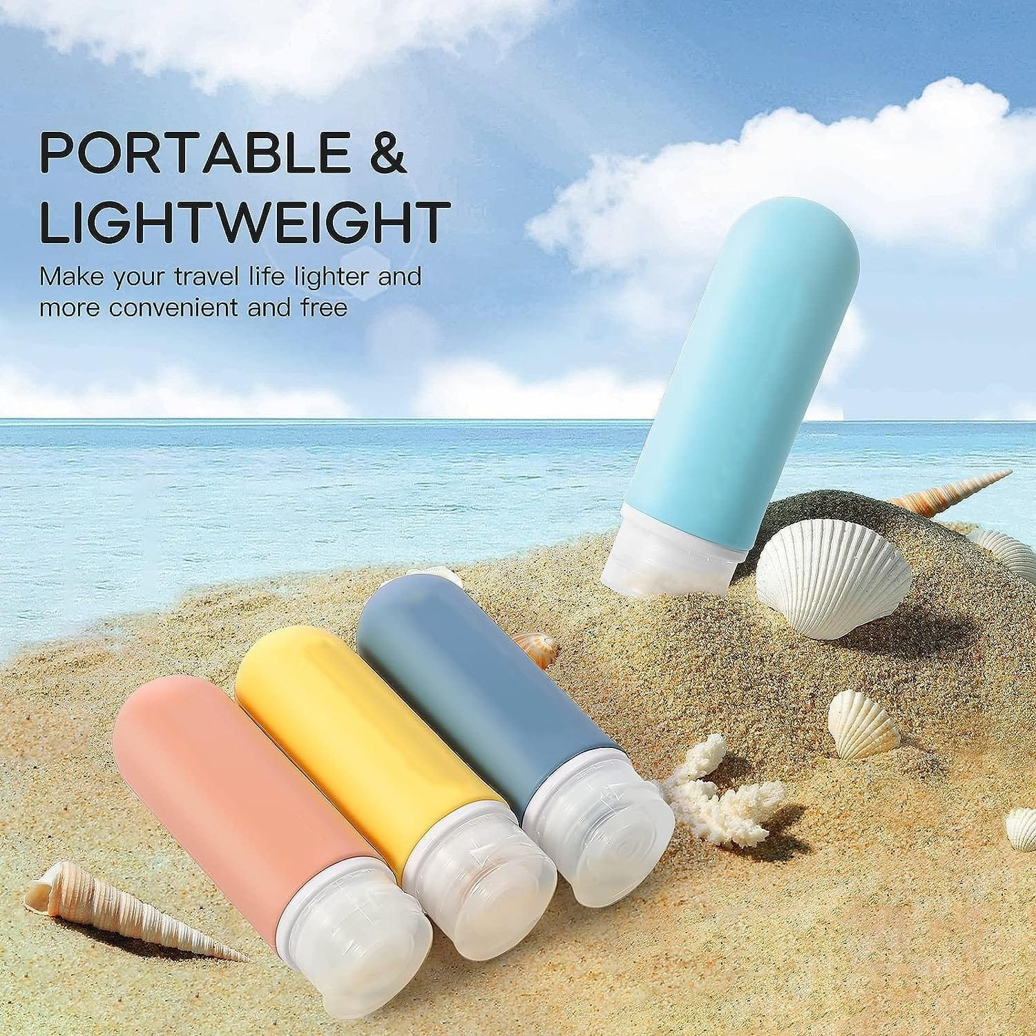 BRLYYO Botellas de silicona de viaje para artículos de aseo aprobados por la TSA Juego de envases de viaje de 4 unidades Champú, acondicionador de cabello, loción corporal, recargables - Imagen 5