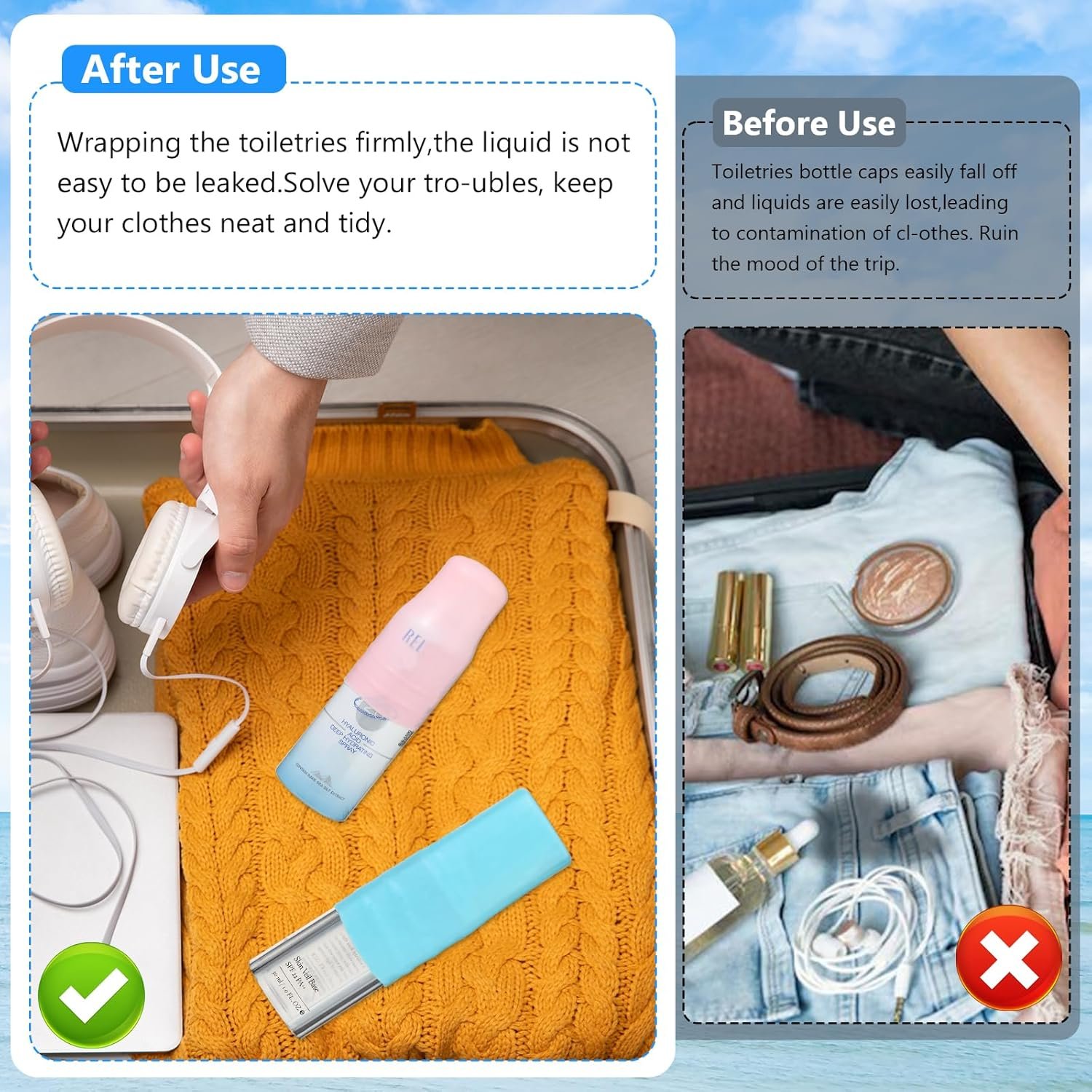 GEEHUA 12 fundas elásticas de silicona para botellas de viaje, a prueba de fugas, cierres de fugas, accesorios esenciales de viaje para artículos de tocador de tamaño de viaje, champú, acondicionador, - Imagen 7