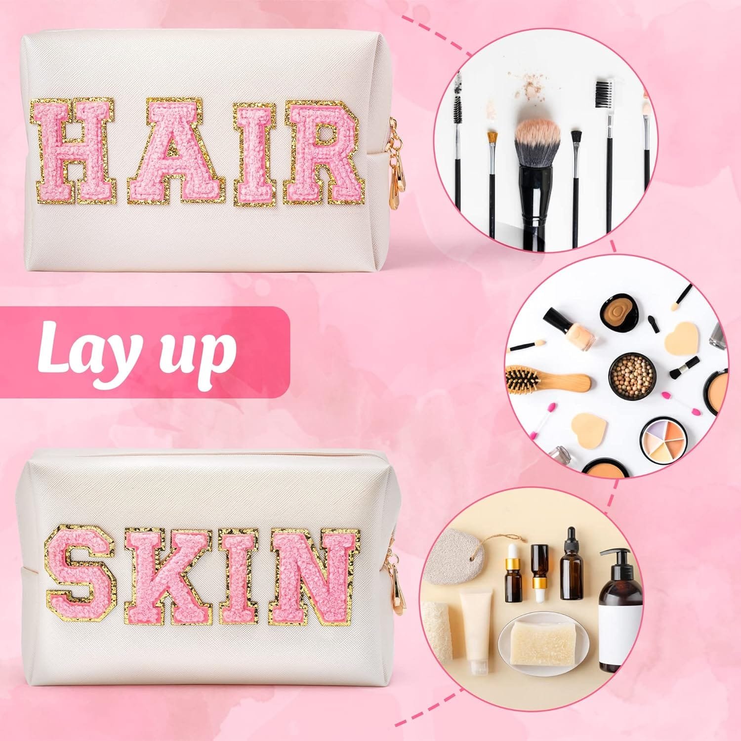 GROBRO7 Skin&Hair Patch,Bolsas de cosméticos de poliuretano de gran capacidad, bolsa de aseo de viaje, artículos esenciales para viajes de negocios y vacaciones, multicolor - Imagen 3