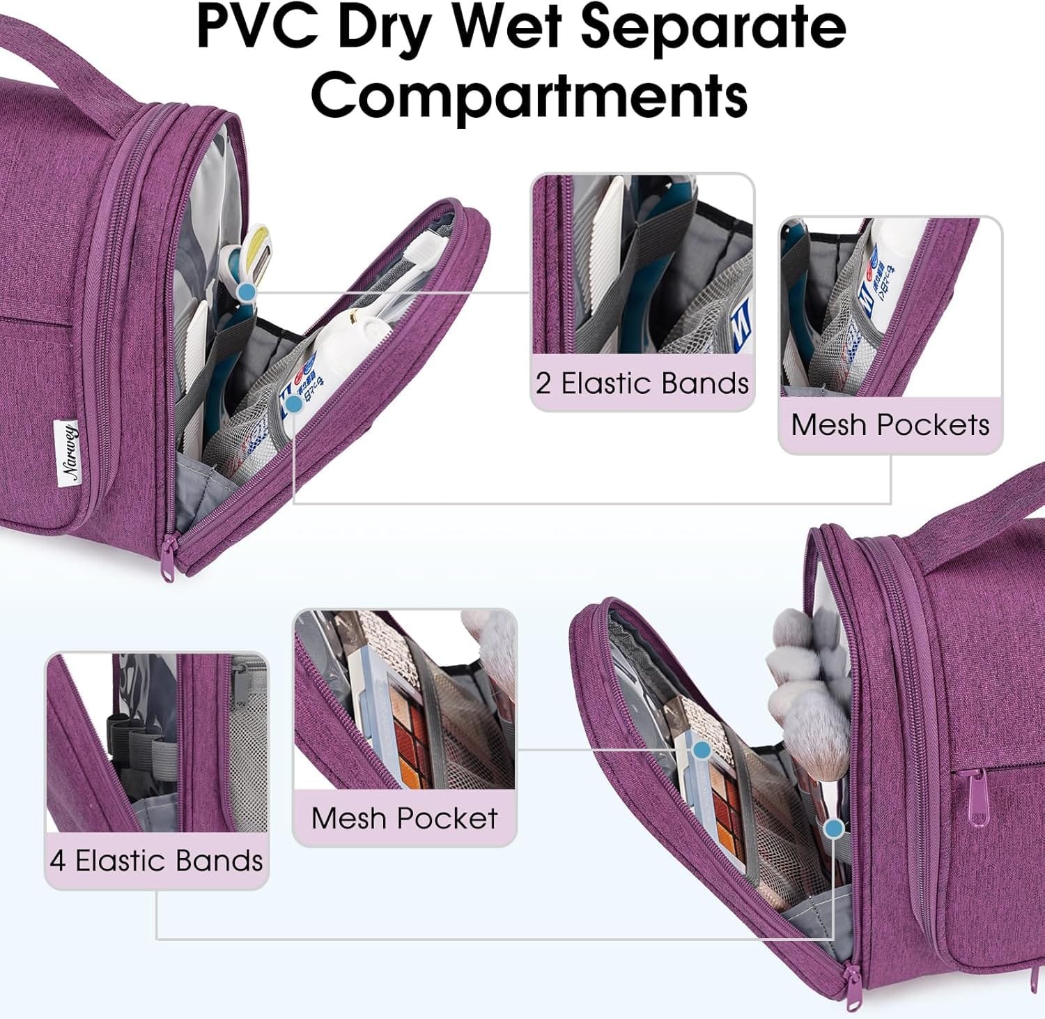 Narwey Neceser de Viaje para Hombres y Mujeres, Kit de Viaje Dopp, Bolsa de Afeitar para Accesorios de artículos de tocador (Morado) - Imagen 2